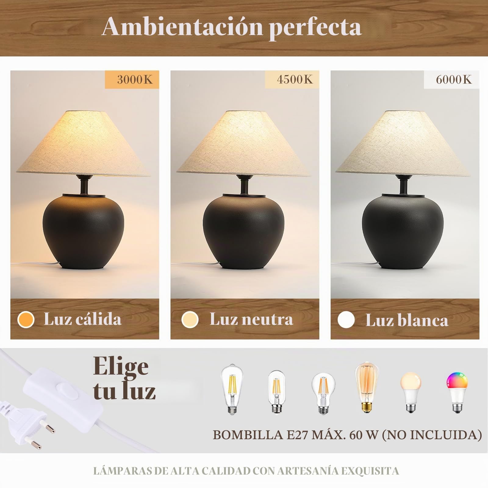 Lamparas De Mesita De Noche CeráMica Negra, LáMparas De Mesa De Granja RúStica Modernas LáMparas De Escritorio Hechas A Mano De Lino, LáMpara De Mesa De Mesita De Noche Para (Negro)