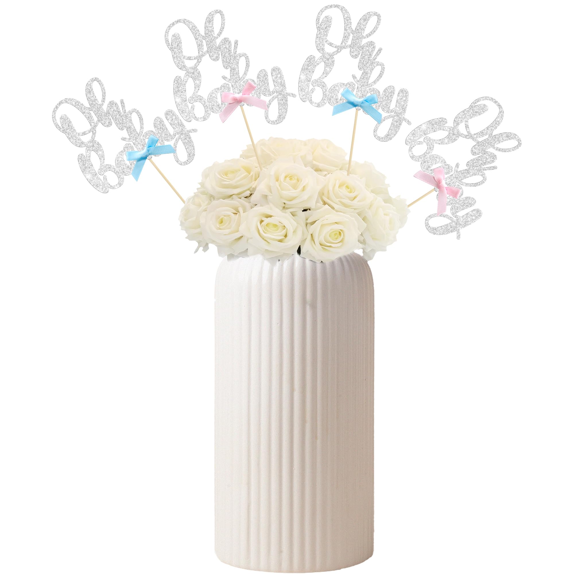 Gyufise 12Pcs Oh Baby Centerpiece Sticks Double Sided Blue Pink Bow Glitter Baby Shower Cupcake Picks Gender Reveal Table Flower Centerpieces for Baby