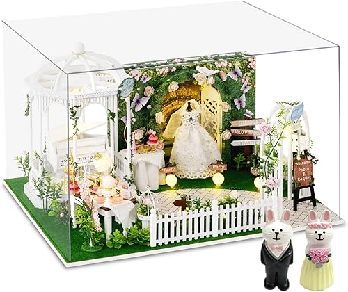 Spilay Kit de muebles de madera de casa de muñecas en miniatura, hecho a mano, mini modelo moderno de villa con cubierta antipolvo y caja de música,