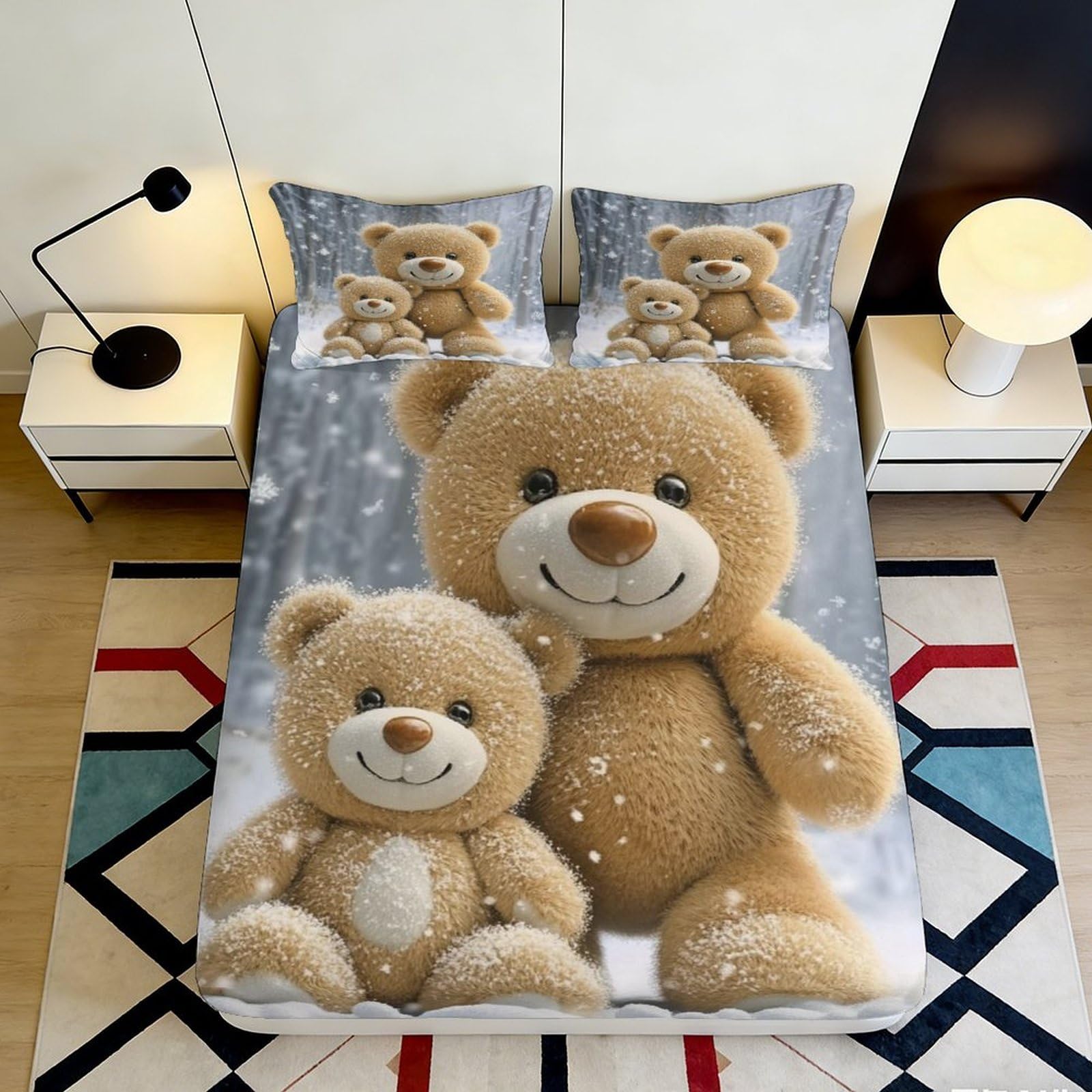 3D Printed Cute Teddy Bear Fitted Sheet Microfiber Soft Durable 3D Printed Smiling Bear Bed Cover for Bedroom Dormitory Guest Room Mattress Protection 90x200x25cm