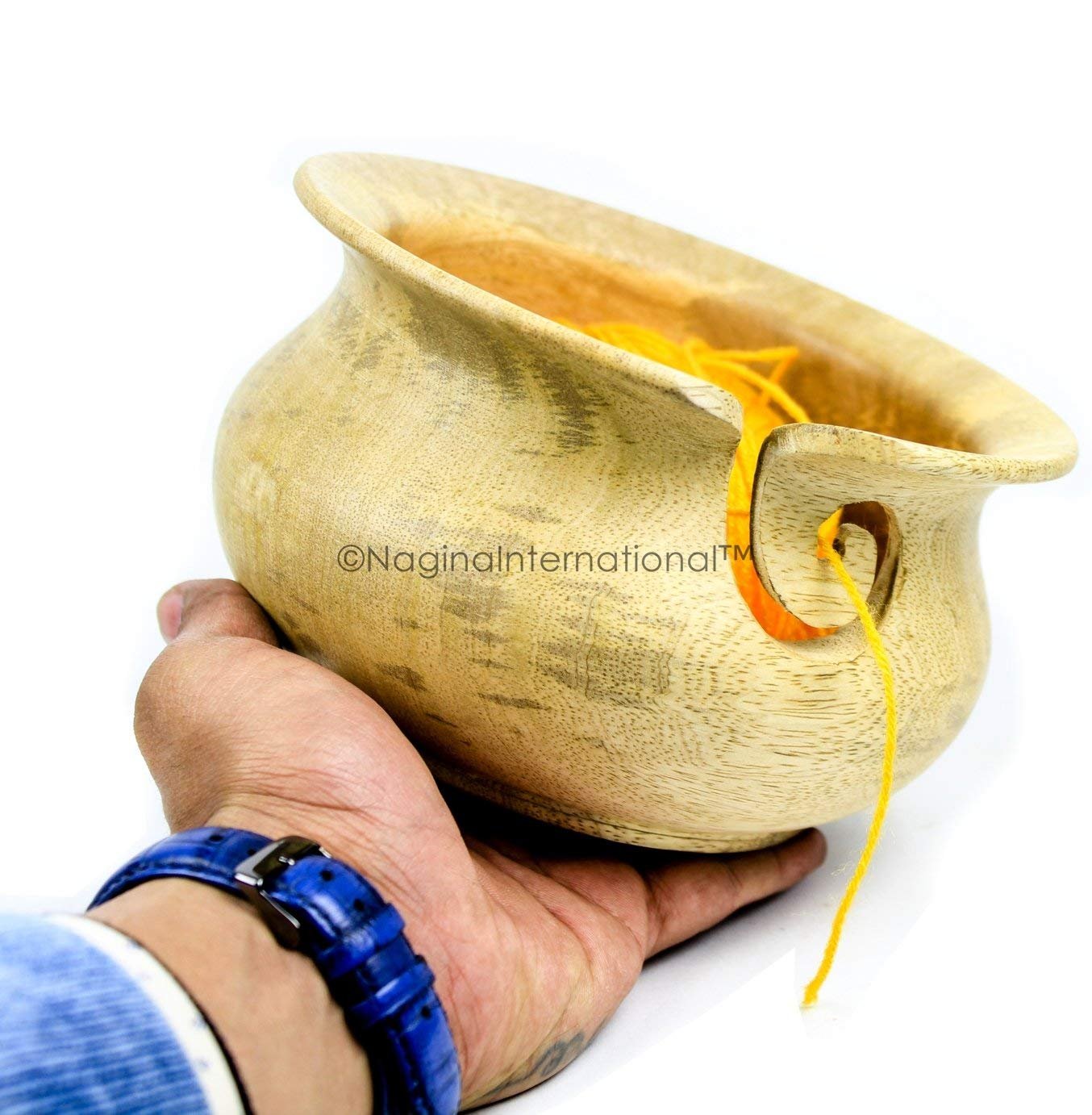 Kitchen Pot Styled Premium Wood Crafted Portable Yarn Storage Knitting Bowl | Nagina International (Medium, Pine Wood)