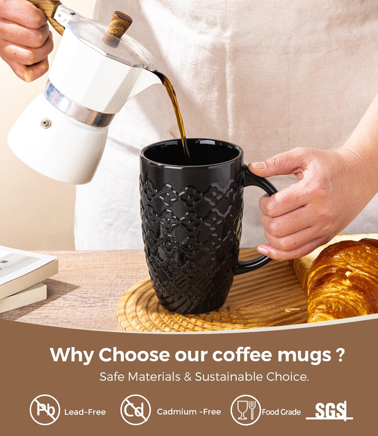 AmorArc Large Coffee Mugs Set of 6, 20oz Ceramic Tall Coffee Mugs Set with Textured Patterns for Coffee/Tea/Beer/Hot Cocoa, Dishwasher & Microwave Safe-Black