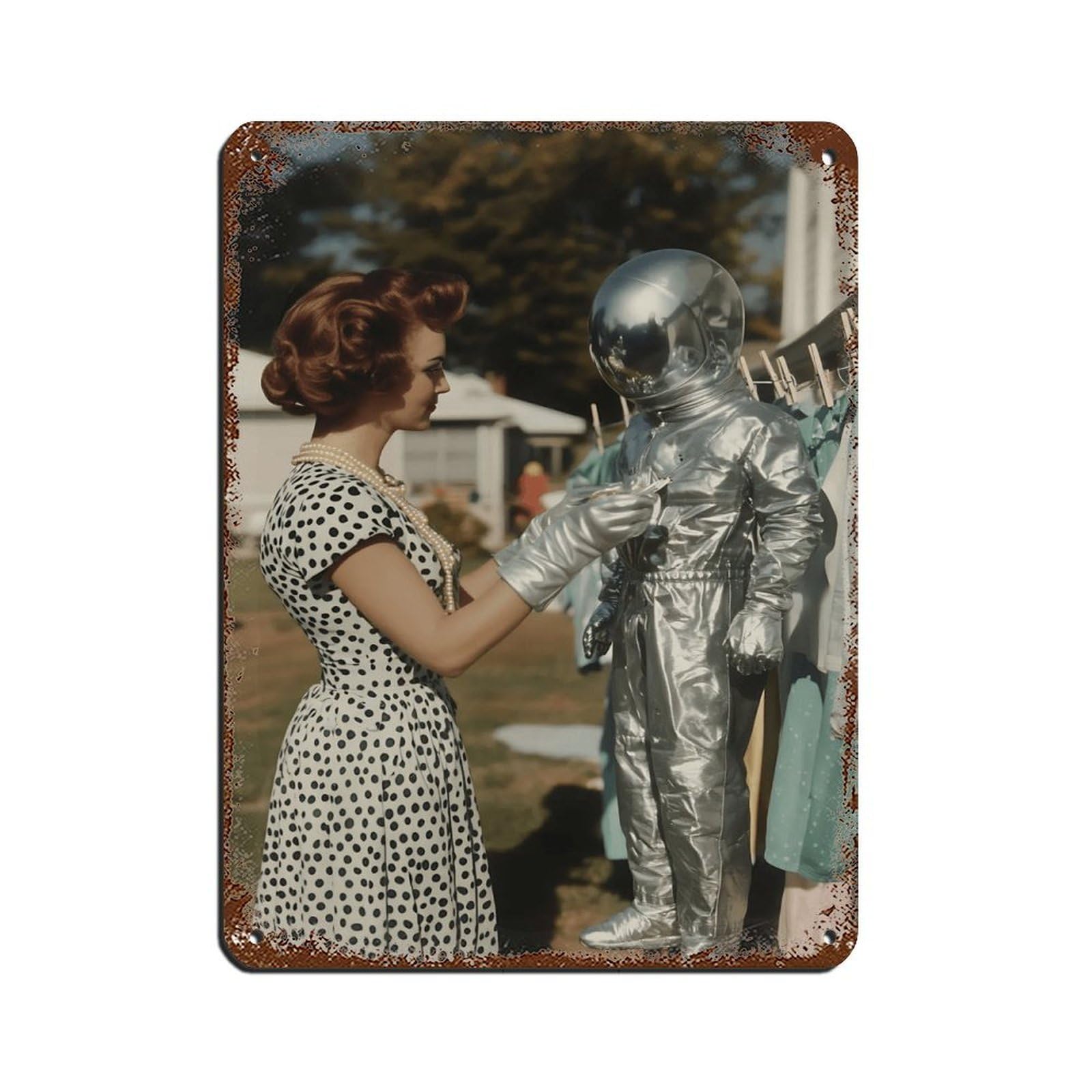 Retro Housewife with Spaceman Suit Tin Sign Vintage Metal Pub Club Cafe Bar Home Wall Art Decoration Poster Retro 12x16inch(30x40cm)