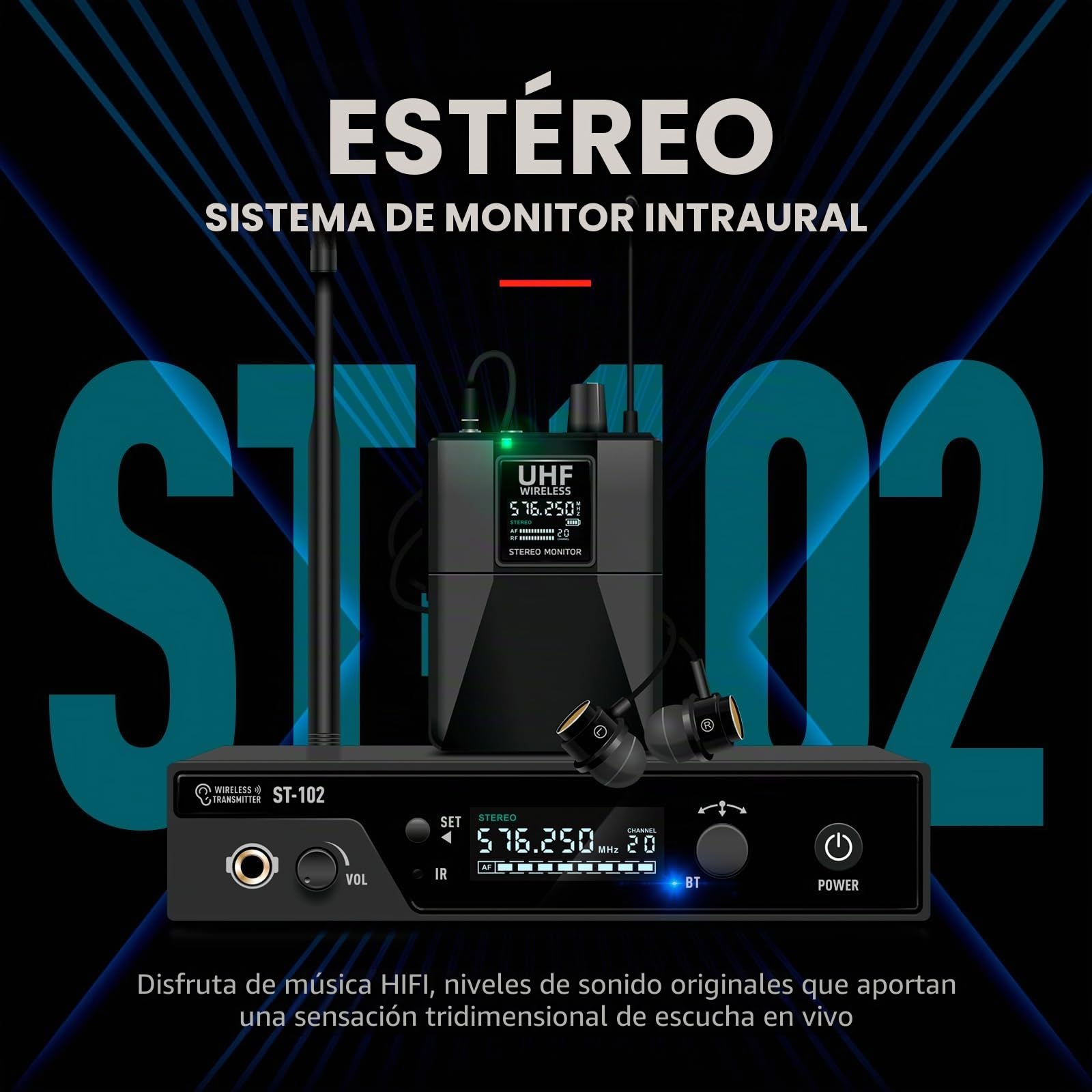 D Debra Sistema In-Ear UHF, Monitorización Estéreo, IEM Profesional, 2 Bodypack, Sin Interferencias, 80m, para Escenario y Estudio