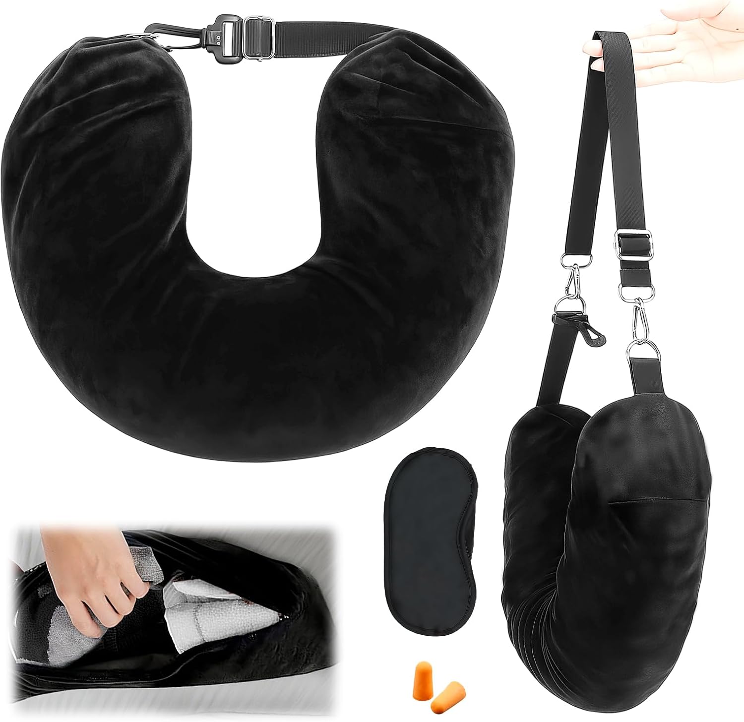 HotoPink Stuffable Neck Pillow, Travel Neck Pillow with Eye Mask and Earplugs, Soft Travel Pillows Stuffable with Clothes, Portable Essentials Pillows for Travelling by Car Train Plane Extra Luggage