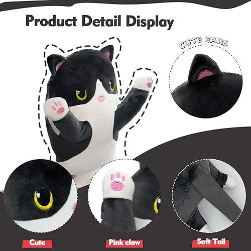 Miniatura 2 de Almohada larga de felpa de gato negro de 19.6 pulgadas, lindo peluche de animales de peluche, juguete de peluche suave Kawaii gatito, regalo de