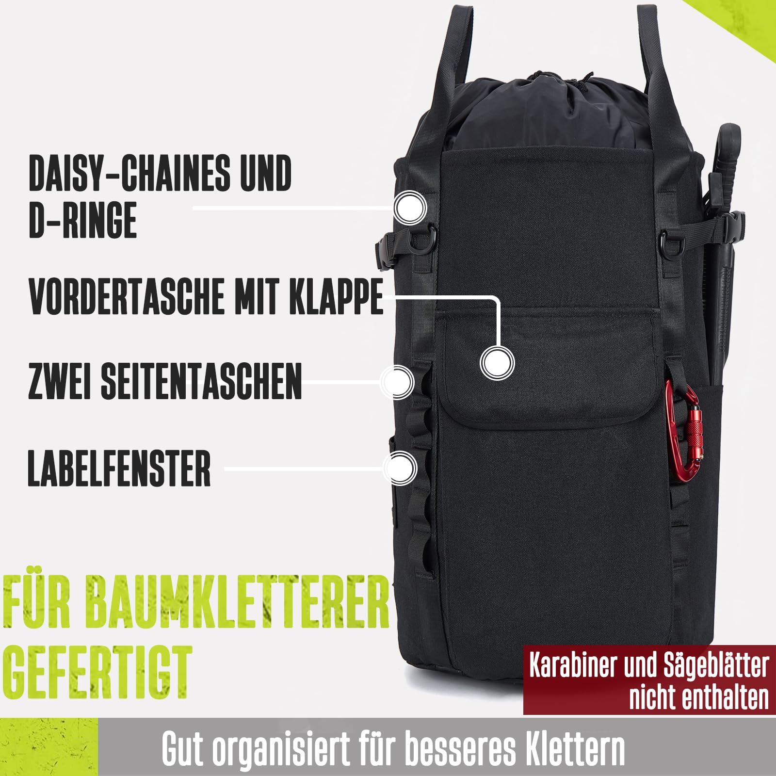 Arborist-Seiltasche, 35L Baumkletter-Seilsack, Baumpflege-Ausrüstungs-Eimer-Rucksack, Arborist-Baumklettern Ausrüstung mit Seitentaschen, Robuster Felskletter-Rucksack, Kletterausrüstung für Bäume