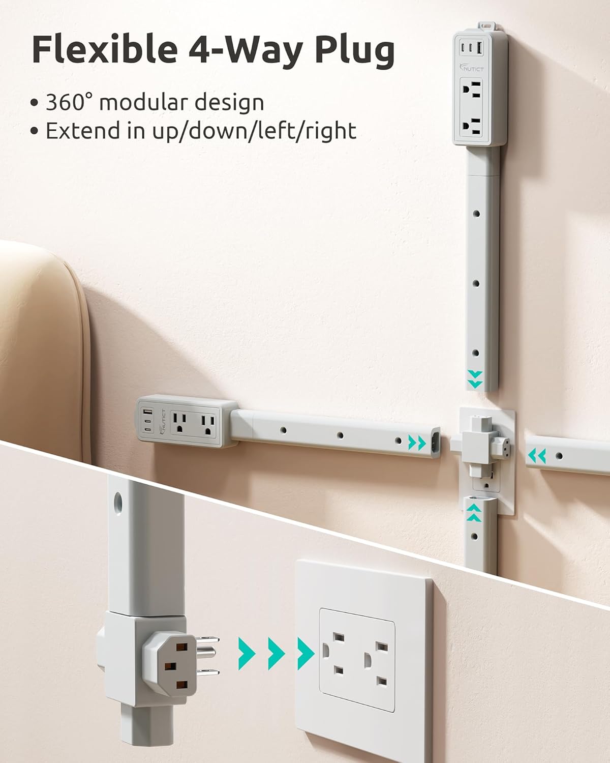 NUTICT Electrical Outlet Extender Stick, 2 AC Outlets & 2 USB-C & 1 USB-A Port, Free Assembly & Flexible Extends 6"-34", Access Hard-to-Reach Outlets Behind Couches, Nightstands, Beds, Desks, Grey