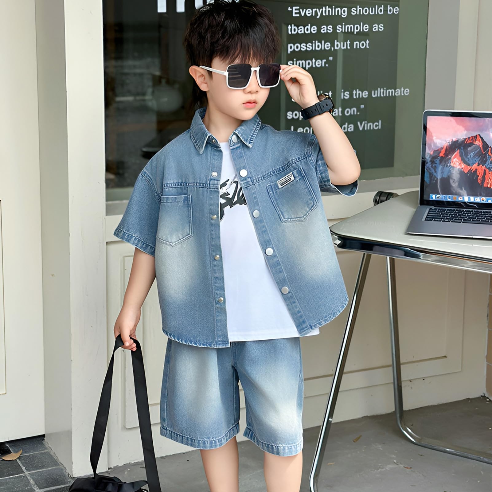 amropi Bambino Ragazzi Denim Maglietta a Maniche Corte + Canotta + Pantaloncini in Jeans 3 Pezzi Estivo Set per 2-9 Anni