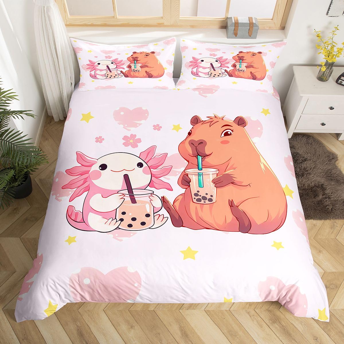 Homewish Kids Cartoon Capybara Super King Duvet Cover Set for Girls - Cute Axolotl Bedding with Pink Reverse - Kawaii Animal Print Quilt Cover Sweet Heart Stars Pattern Bed Set - 2 Pillowcases