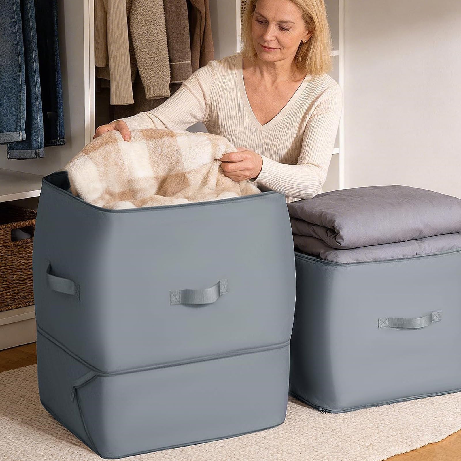 4 sacchetti portaoggetti a doppio strato da 125 l, con manico, organizer per armadio, per piumini, biancheria da letto, coperte, cuscini, vestiti, armadi, pianificatori