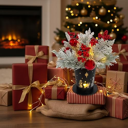 Miniatura 9 de Centro de mesa de Navidad iluminado en maceta de metal con temporizador, belén de Navidad, base de metal negro con agujas de pino flocado de nieve,