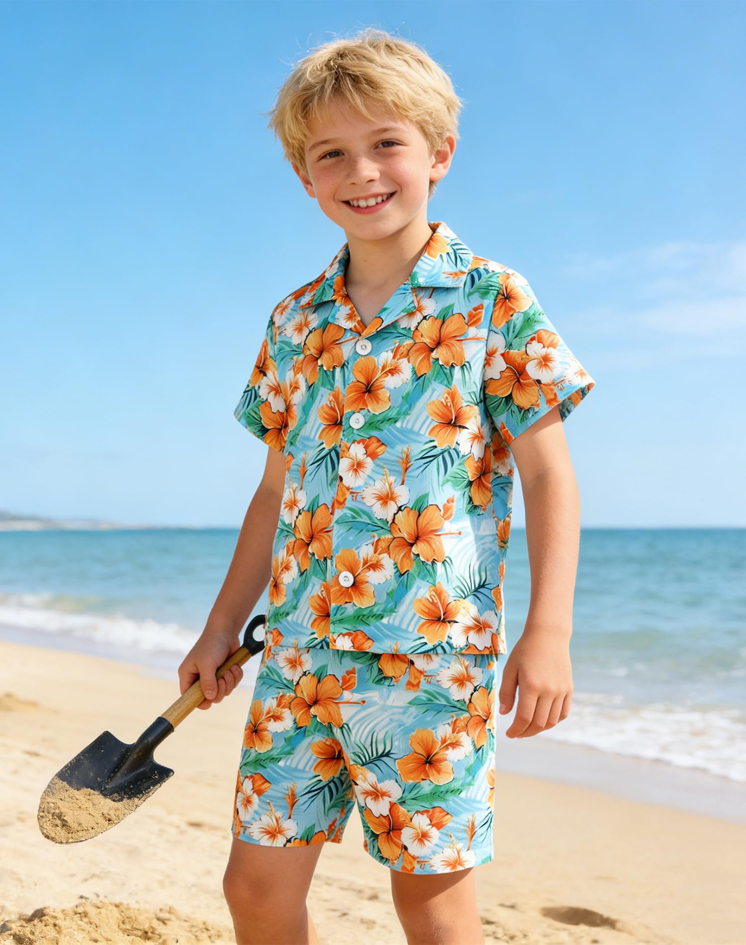 ZOEREA Tenue Hawaii pour garçons, ensemble de 2 pièces chemise + short, chemise de plage à boutons + short pour enfants 4–10 ans