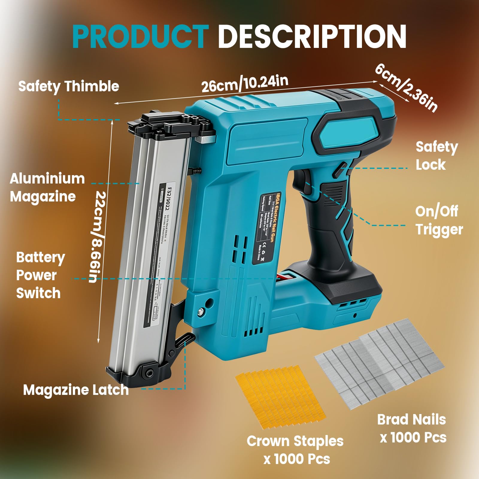 Akumulatorowa gwoździarka Brad do Dewalt 18 V 20 V, 2 w 1, pistolet do gwoździarek 18 GA, ze 1000 gwoździami, 1000 szt. zszywek do stolarki, tapicerki, projektów DIY (niebieska, do Makita)