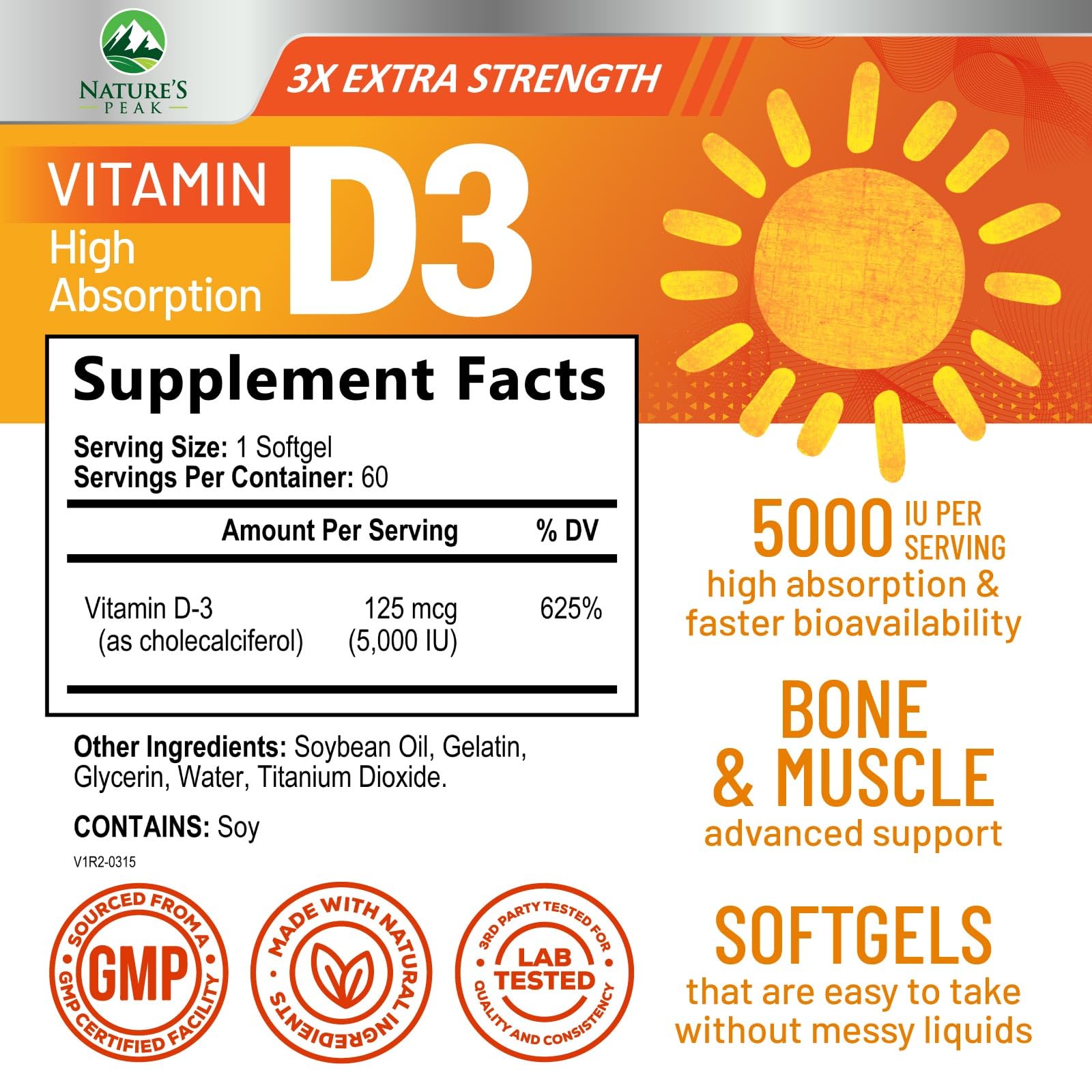 Vitamin D-3 5000 IU (125 mcg) Per Serving Softgels - Extra Strength Vitamins D Dietary Supplement for Bone, Teeth, Muscle Health & Immune Support, Rapid Absorbtion USA Bottled, Gluten Free - 60 Count — Amazon image 2