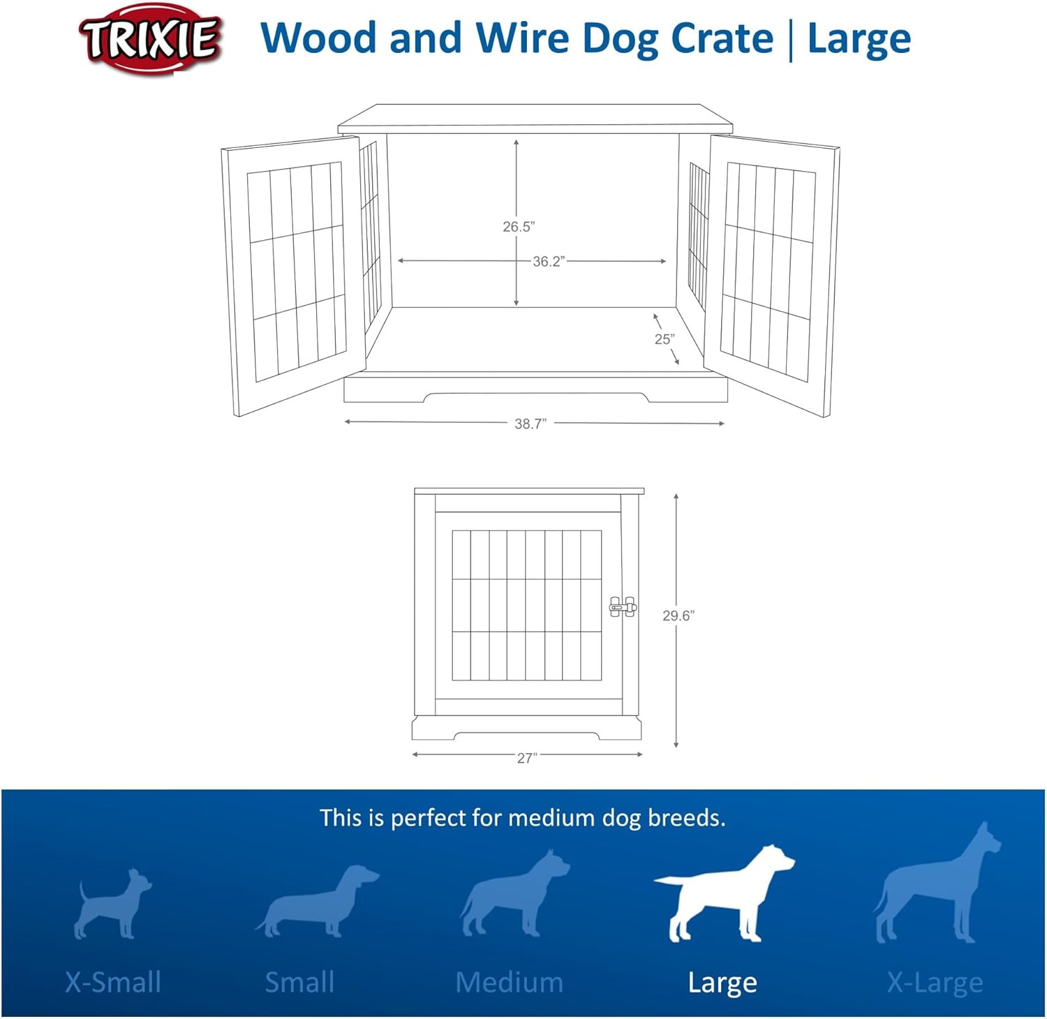 Gray Large Wooden Dog Crate Table with Lockable Doors