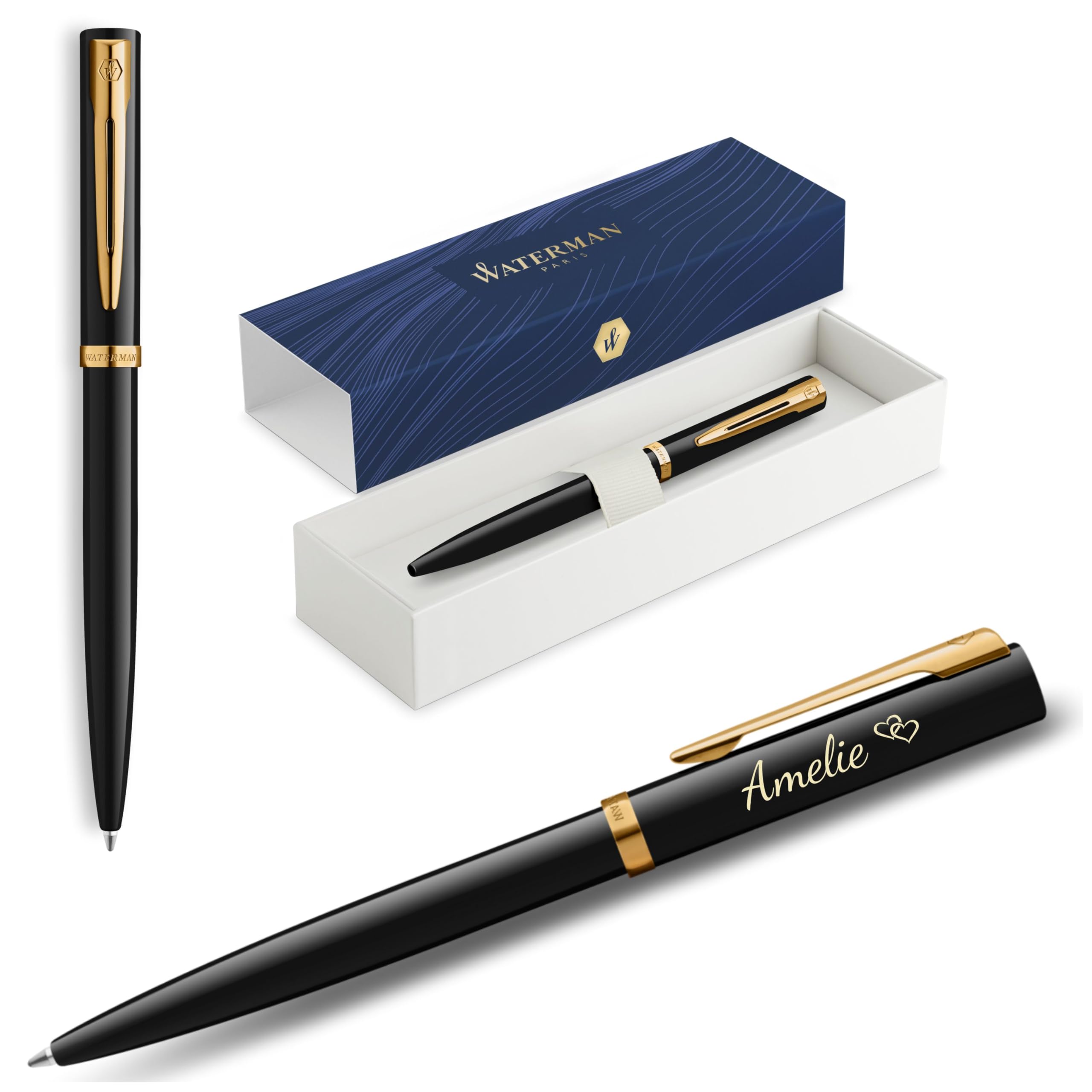 Waterman - Penna a sfera Impression con incisione – Strumento di scrittura di lusso personalizzabile – Elegante penna da regalo per donne e uomini, inchiostro blu (Black GT)