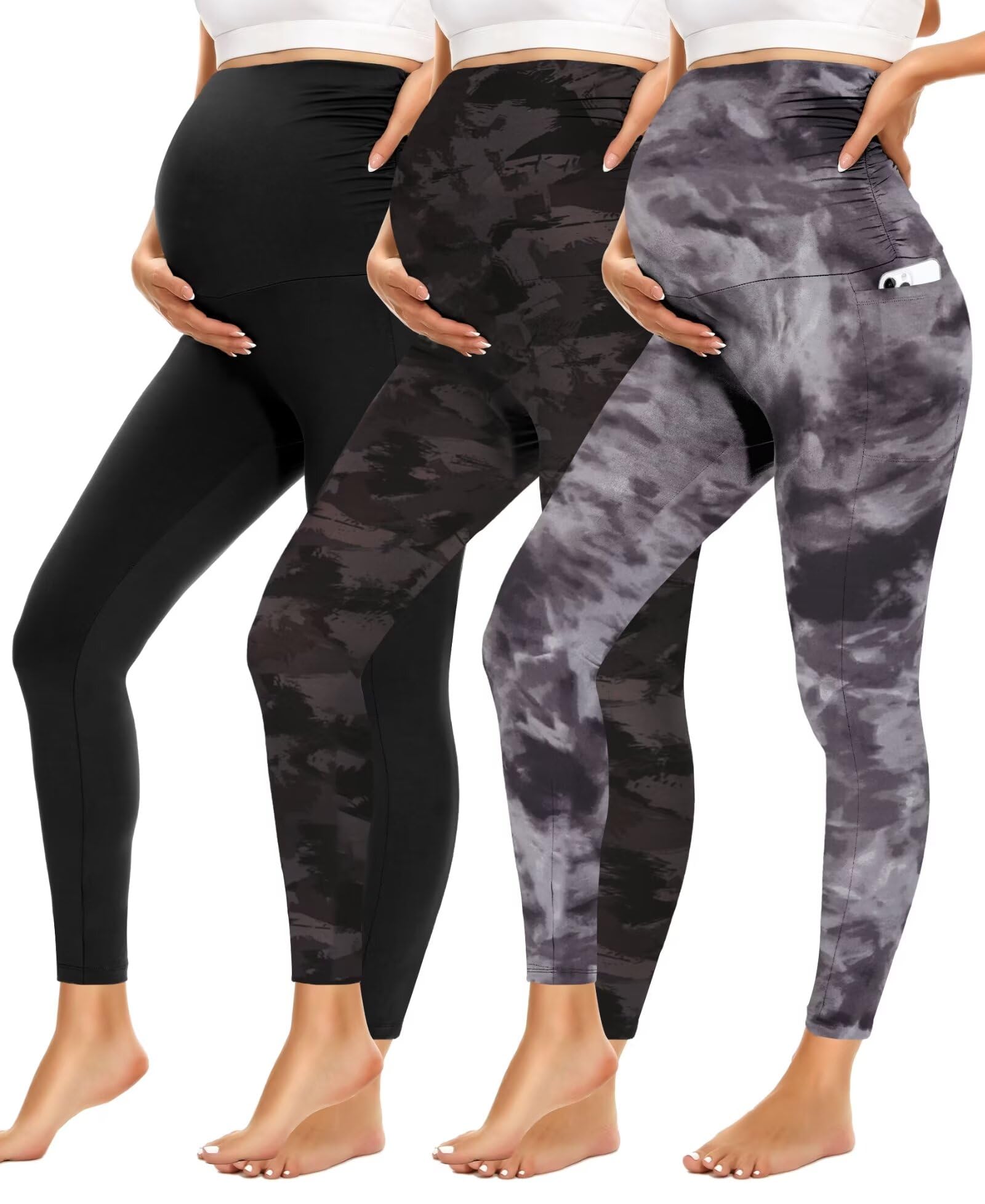 HIGHDAYS Womens Maternity Leggings with Pockets Over The Belly,3 Packs Pregnancy Soft Workout Activewear Yoga Tights Pants