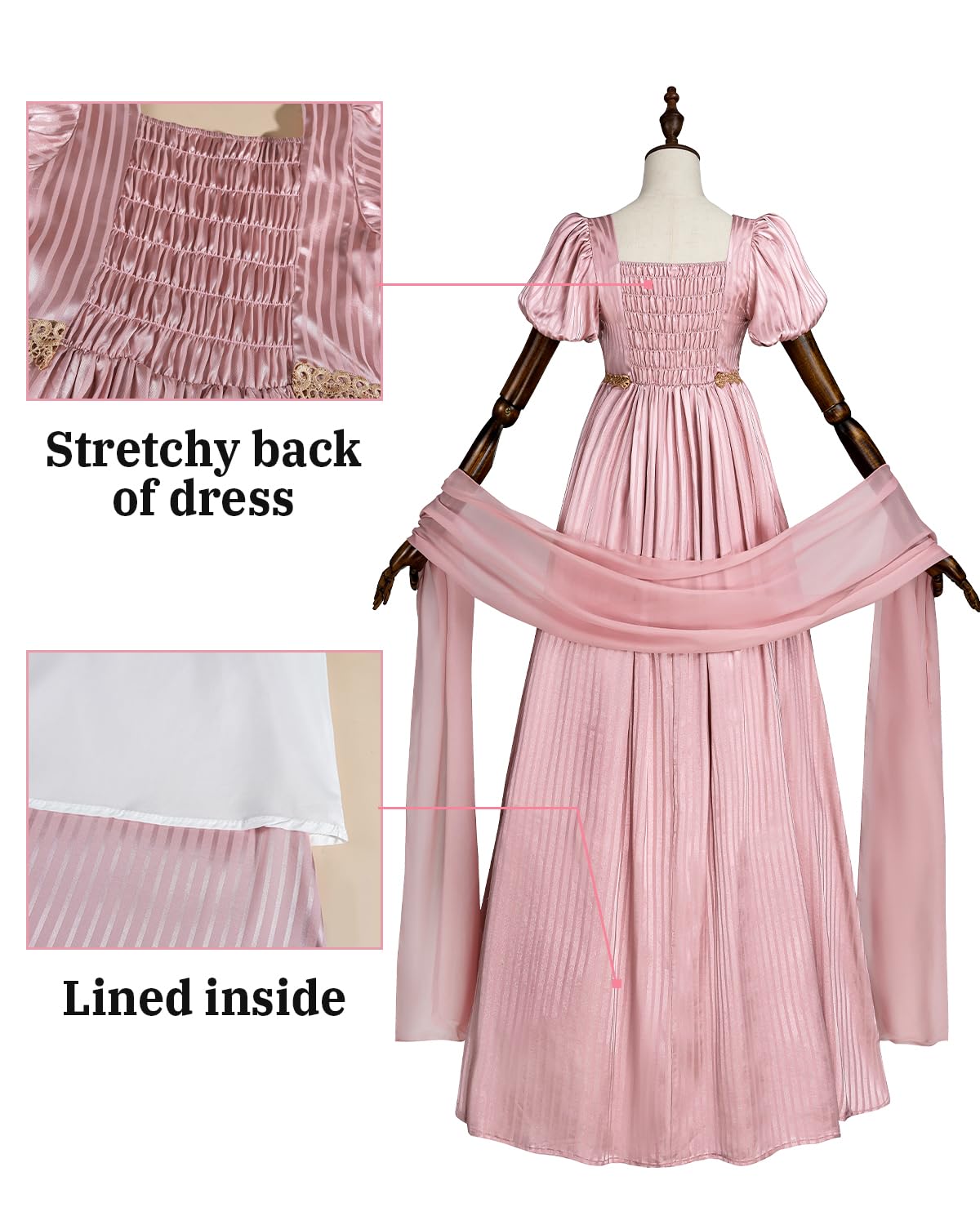 CR ROLECOS Regency Dresses for Women Empire Waist Regency Era Dress Costume Victorian Tea Gown Pink L - Image 4