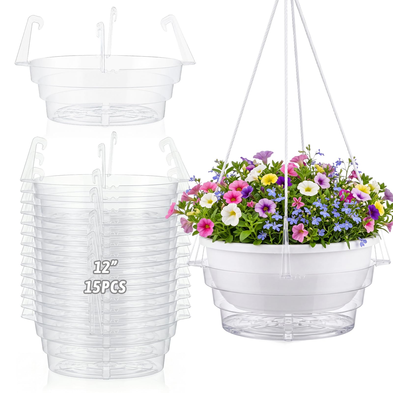 Gejoy 15 Stück 30,5 cm hängende Pflanzen-Wasserauffangschale, transparente Kunststoffkörbe, Tropfschalen für Blumentopf, runde Pflanzen-Untersetzer mit Haken für Balkon, Terrasse, Innen- und