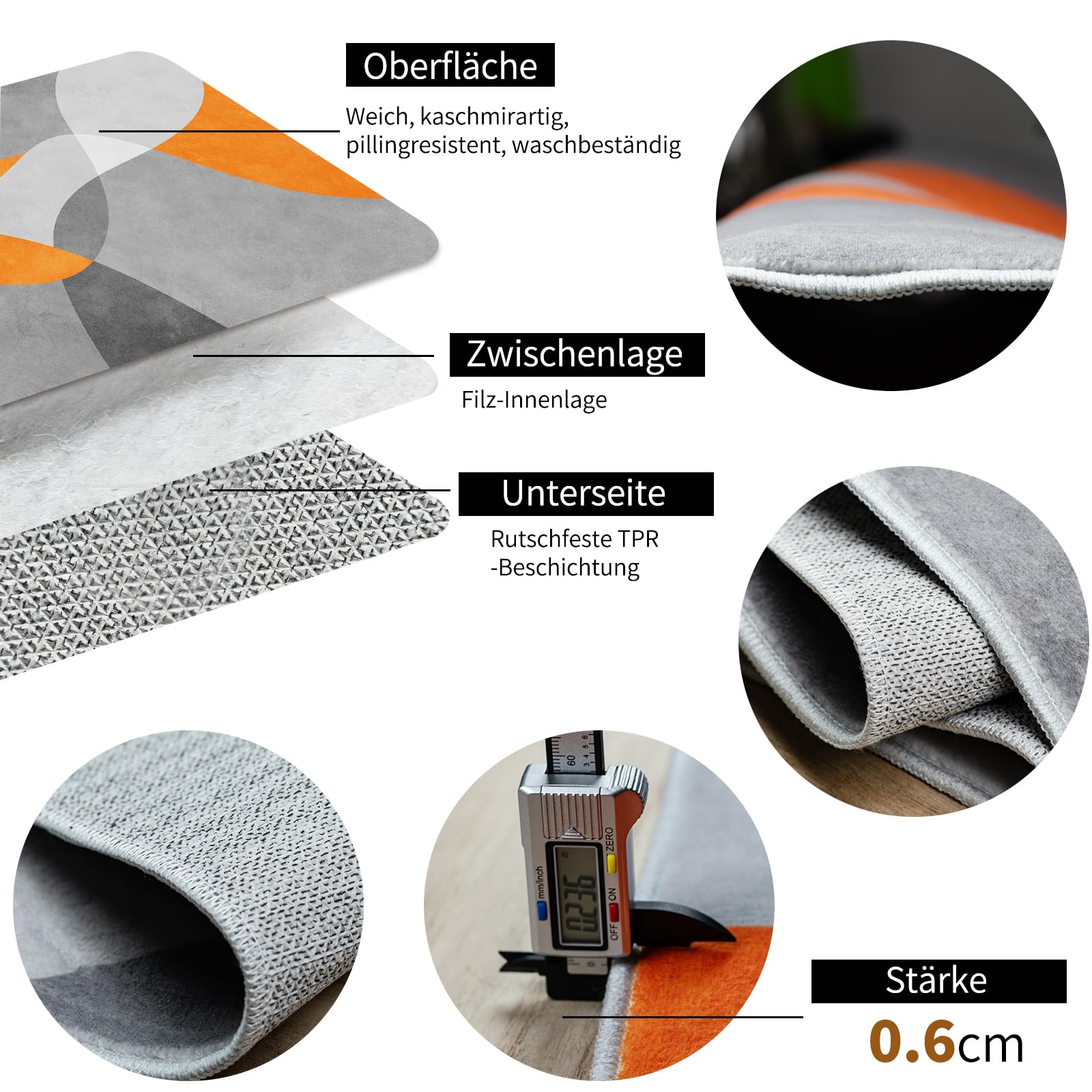 Tappeto Soggiorno Moderno Astratto 140 x 200 cm - Tappeto Lavabile e Pieghevole, Antiscivolo e Morbido, Tappeto Pelo Corto Geometrico Grigio e Arancione per Salotto, Camera da Letto e Ufficio