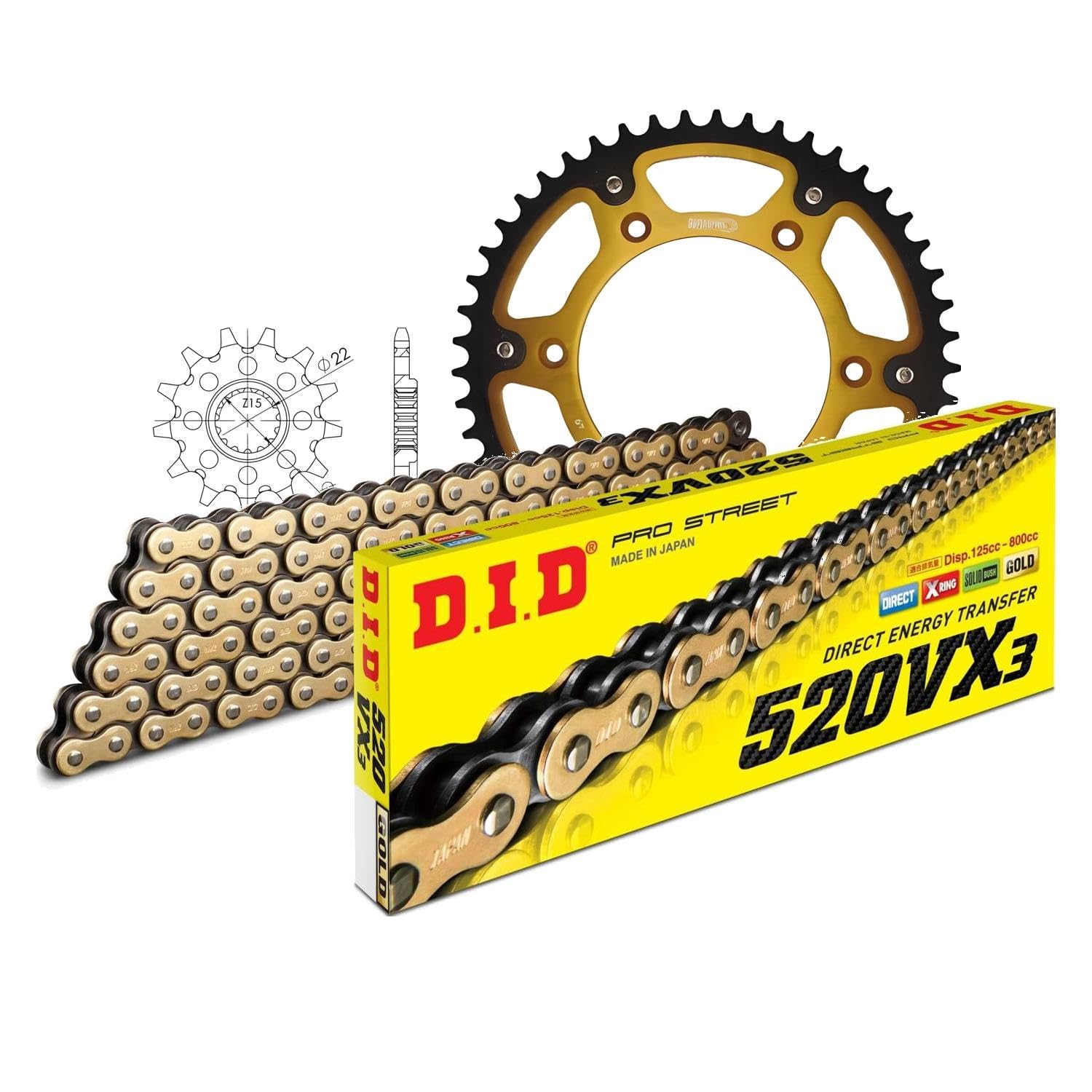 Jeu de chaînes DID Stealth 520VX3/118 - Serrure à clip dorée - Pour KTM Duke SX EXC Racing SX-F Racing LC4 EGS Super Competition RC EXC-F 150-520 cm3