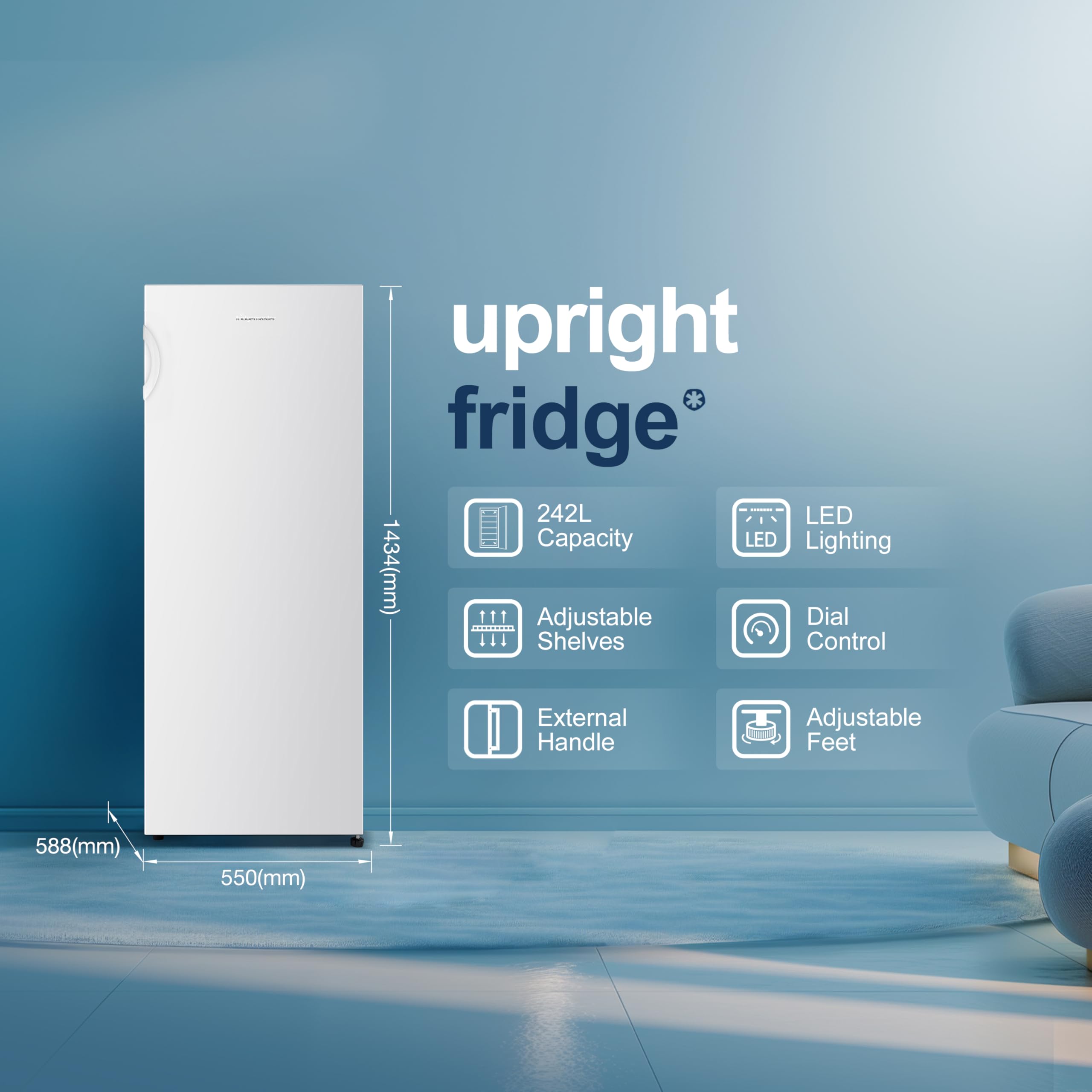 Fridgemaster MTL55242E Freestanding Upright Larder Fridge, Reversible Door, 242 Litre, 55cm Width, White, E Rated — view 3