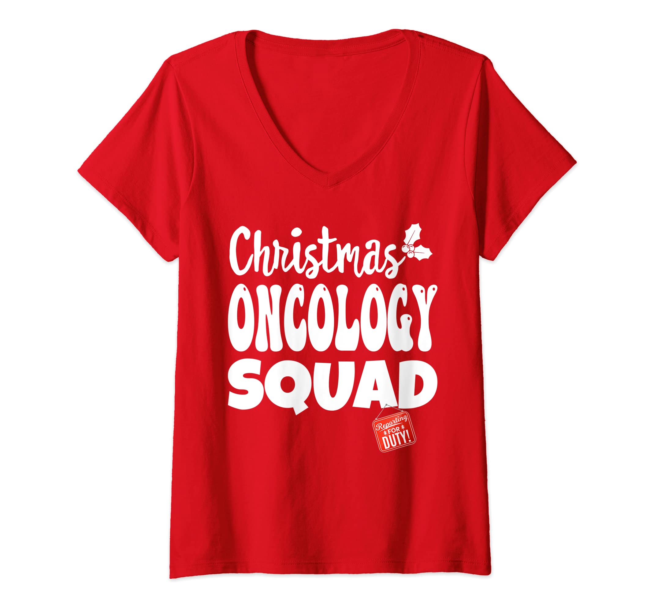 Womens Retro Christmas Oncology Squad ONCO Nurse Tech & Secretary V-Neck T-Shirt