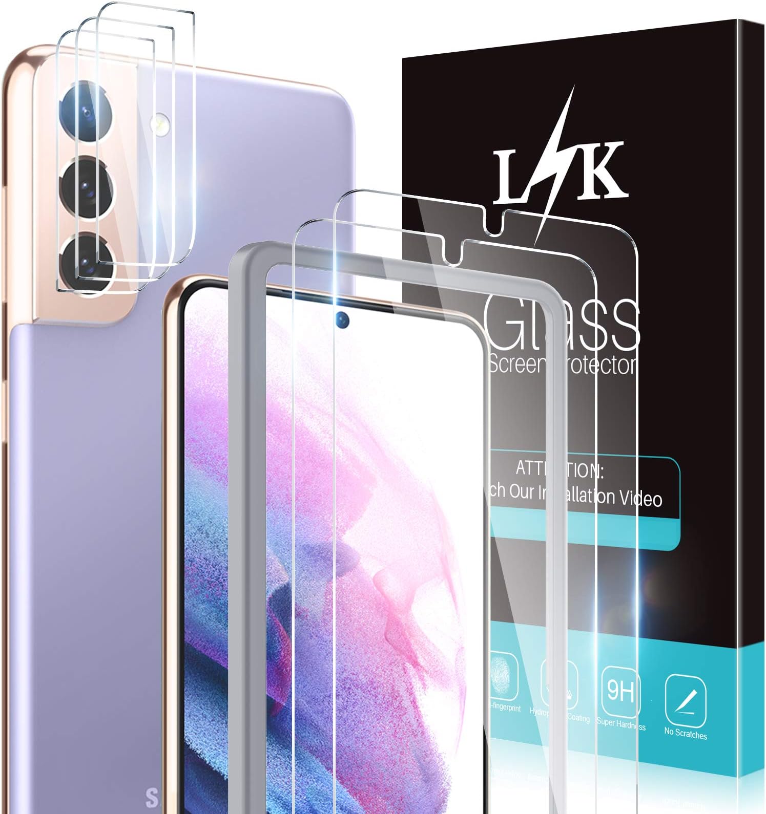 [2+3 Pack] LϟK Designed for Samsung Galaxy S21 5G (Not for S21 Plus), 2 Pack Tempered Glass Screen Protector + 3 Pack Camera Lens Protector, Case Friendly, Installation Tray -Gray