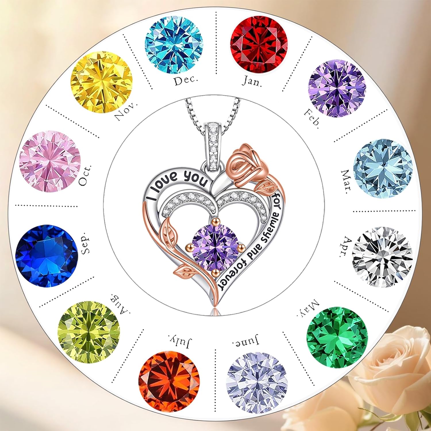 Rose Birthstone Heart Necklaces for Women S925 Sterling Silver I Love You Jewelry Gift for Women Birthday Wedding Anniversary, Mother’s Day Gifts for Mom, Mother, Wife, Girlfriend with Birthstone Pendent Necklace - Image 6