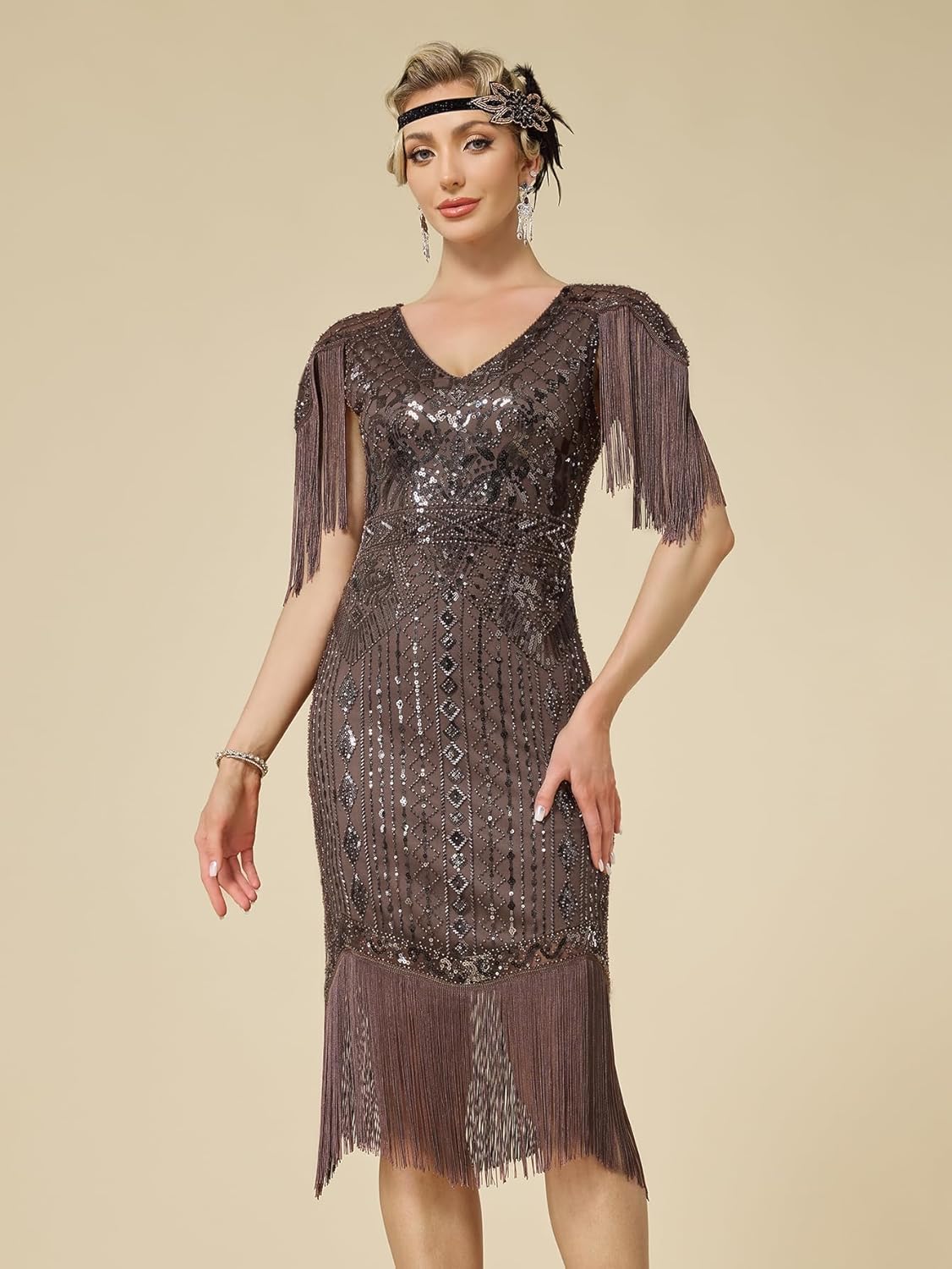 Women's Flapper Dresses 1920s V Neck Beaded Fringed Great Gatsby Dress