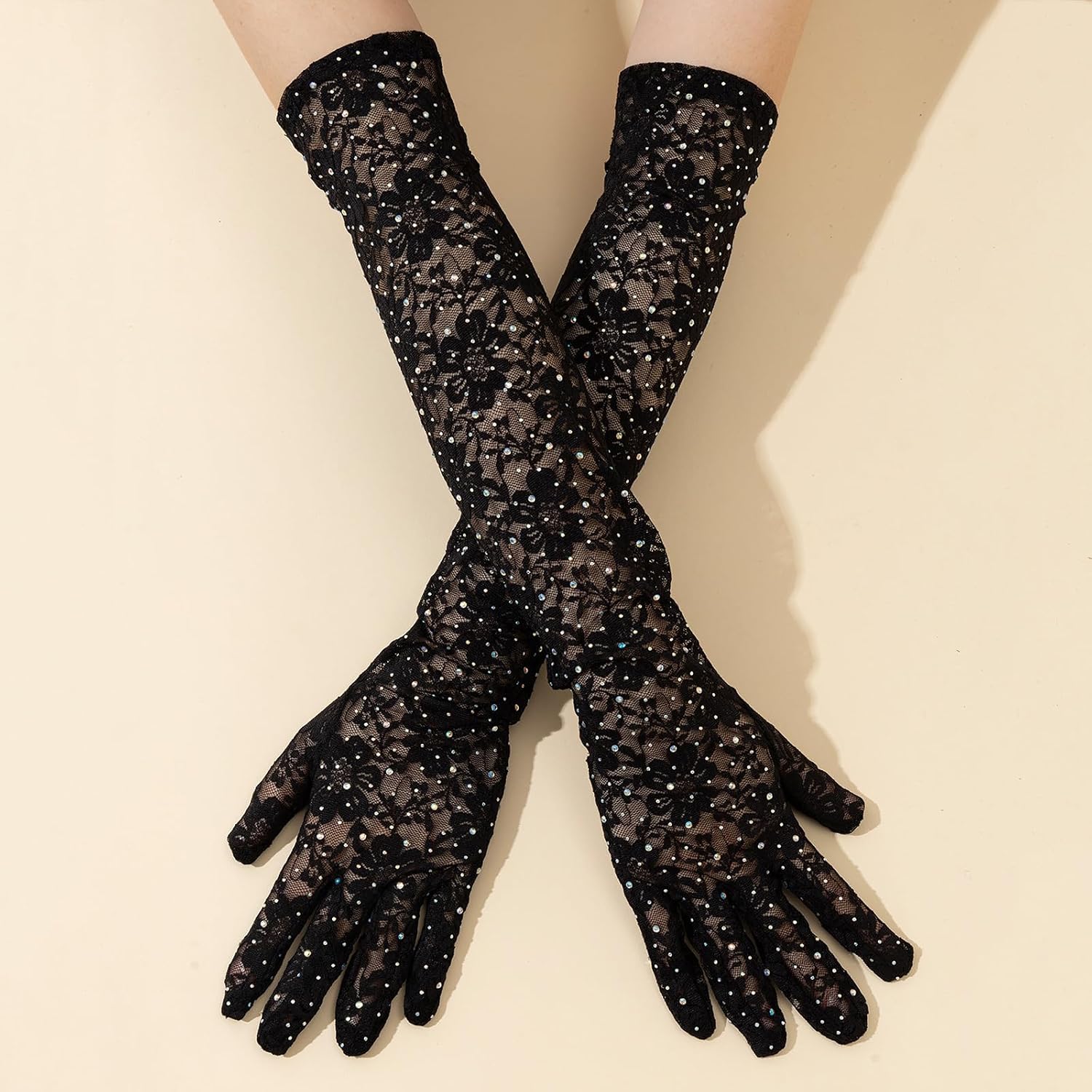 Evening Party Arm Sleeves for Women Girl Elegant Lace Rhinestones Gloves Halloween Accessories Long Arm Gloves for Gowns Prom