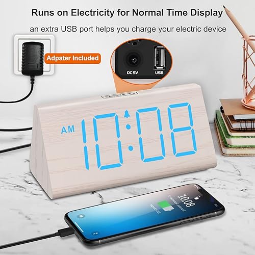 Miniatura 3 de DreamSky Wooden Digital Alarm Clocks for Bedrooms - Electric Desk Clock with Large Numbers, USB Port, Loud Alarm for Heavy Sleepers, Adjustable Blue