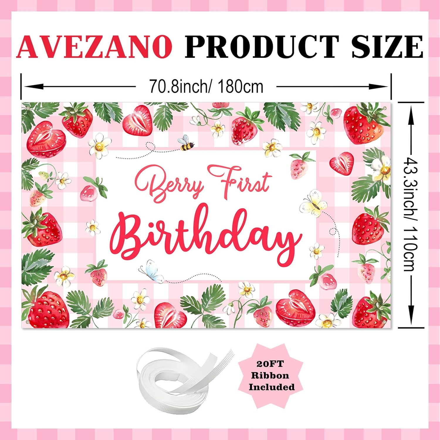 Avezano Berry First Birthday Banner Strawberry 1st Birthday Decorations Berry First Birthday Backdrop for Girls Strawberry Sweet One Birthday Party Supplies 70.8 x 43.3 Inch - Image 4