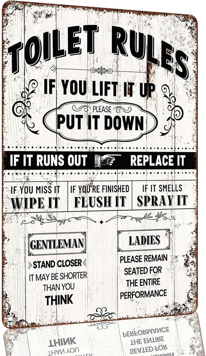 Humorous Bathroom Toilet Rules Aluminum Metal Sign 8 x 12 Inch