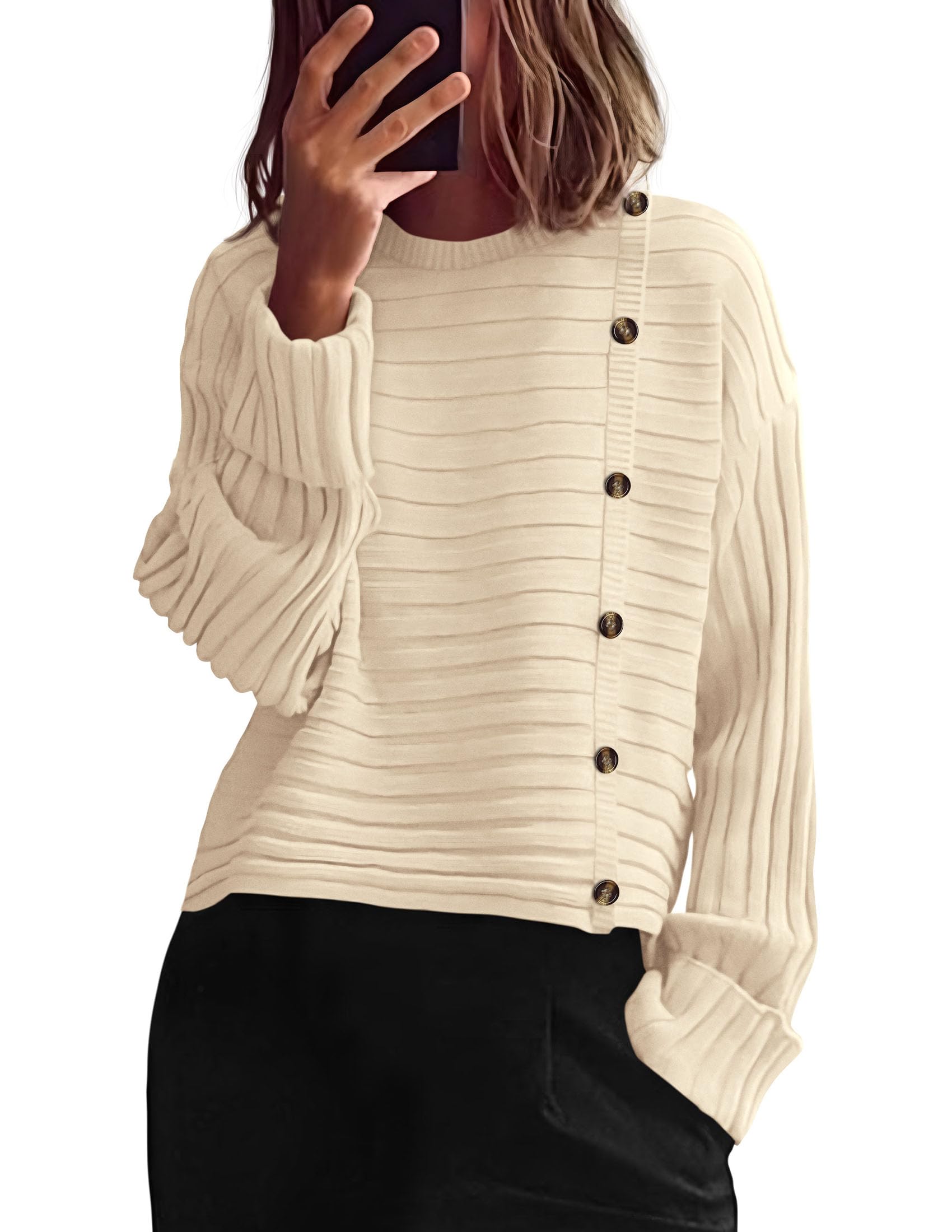 PRETTYGARDEN Womens Sweaters Fall 2026 Casual Long Sleeve Crewneck Button Loose Winter Knit Pullover Sweater Tops