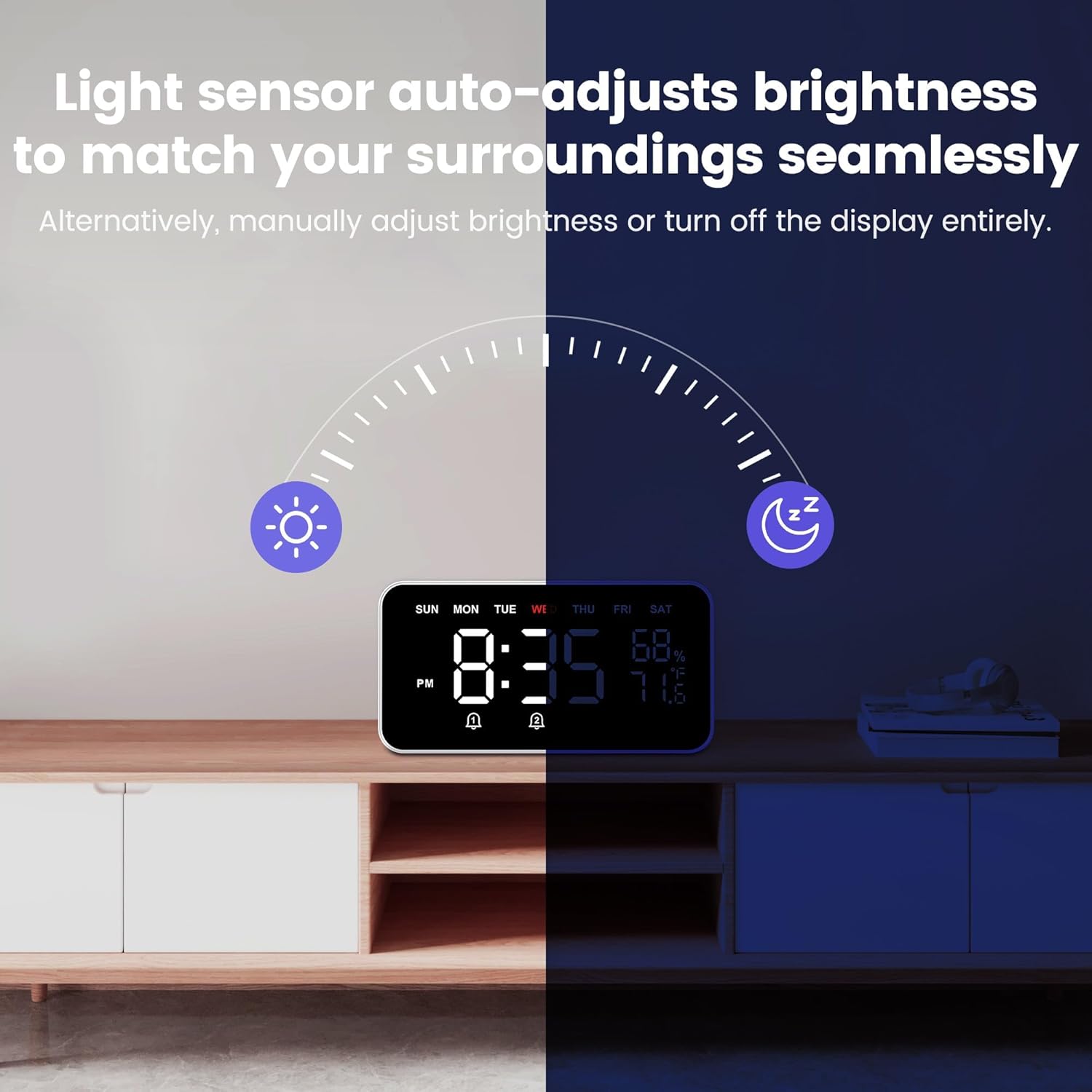 Dekala Digital Alarm Clock display showing auto-dimming feature in different light conditions