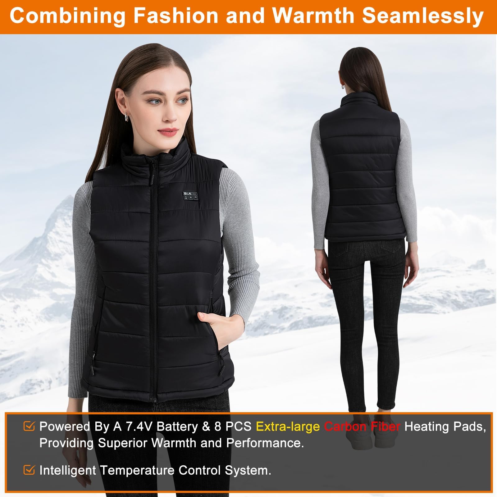 BIAL Veste Chauffante Femme avec Batterie 16000mAh 7.4V Incluse,Gilet Chauffant et 3 Températures Réglables,Doudoune Chauffante Femme pour Ski en Plein air Randonnée Chasse Camping