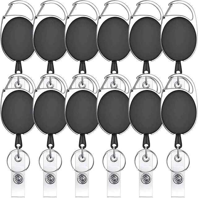 12 Pcs Black Retractable Key Chain Badge Card Holders, YTBUBOR 60cm/ 23.6 Inches Retractile Key Badge Reel Cord Clip with Belt Clip and Key Ring
