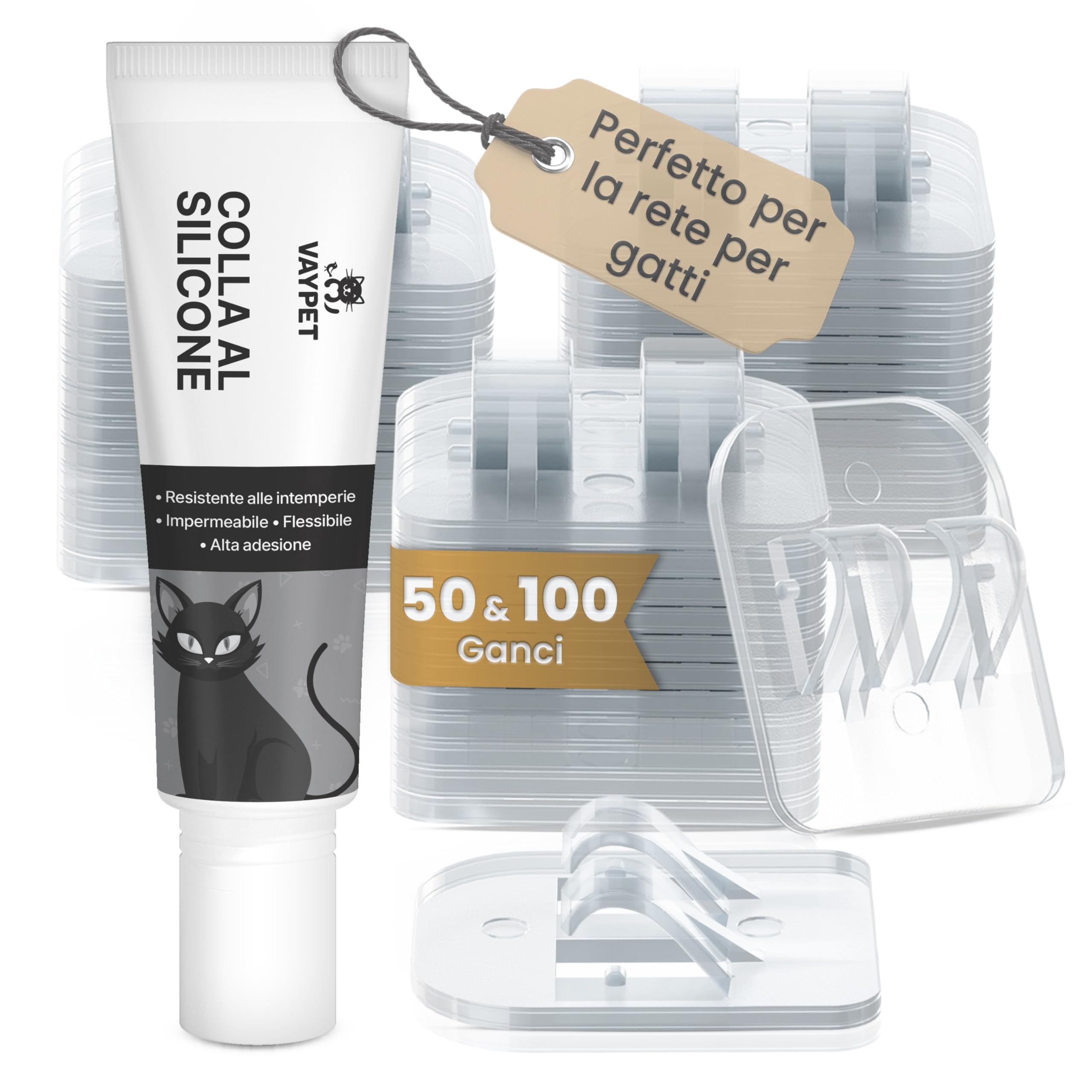 VAYPET® 50 Ganci Adesivi per Rete Gatti e Colla siliconica [30ml] - Fissaggio Rete Protezione Gatti Balcone e Finestra Senza Fori | Ferma Rete e aggancio rapido | Ideale per Esterno e Cemento