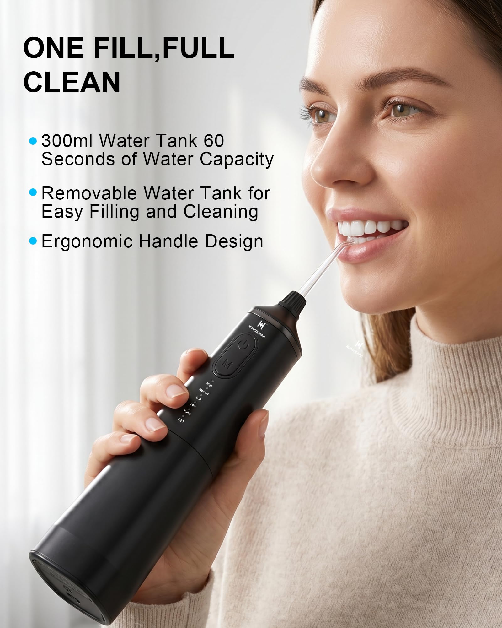 HUACO CARE Irrigador bucal de agua mejorado de 300 ml, 5 modos de irrigador bucal profesional inalámbrico, limpiador dental de agua de pulso de alta presión para el hogar y viajes, elimina la placa