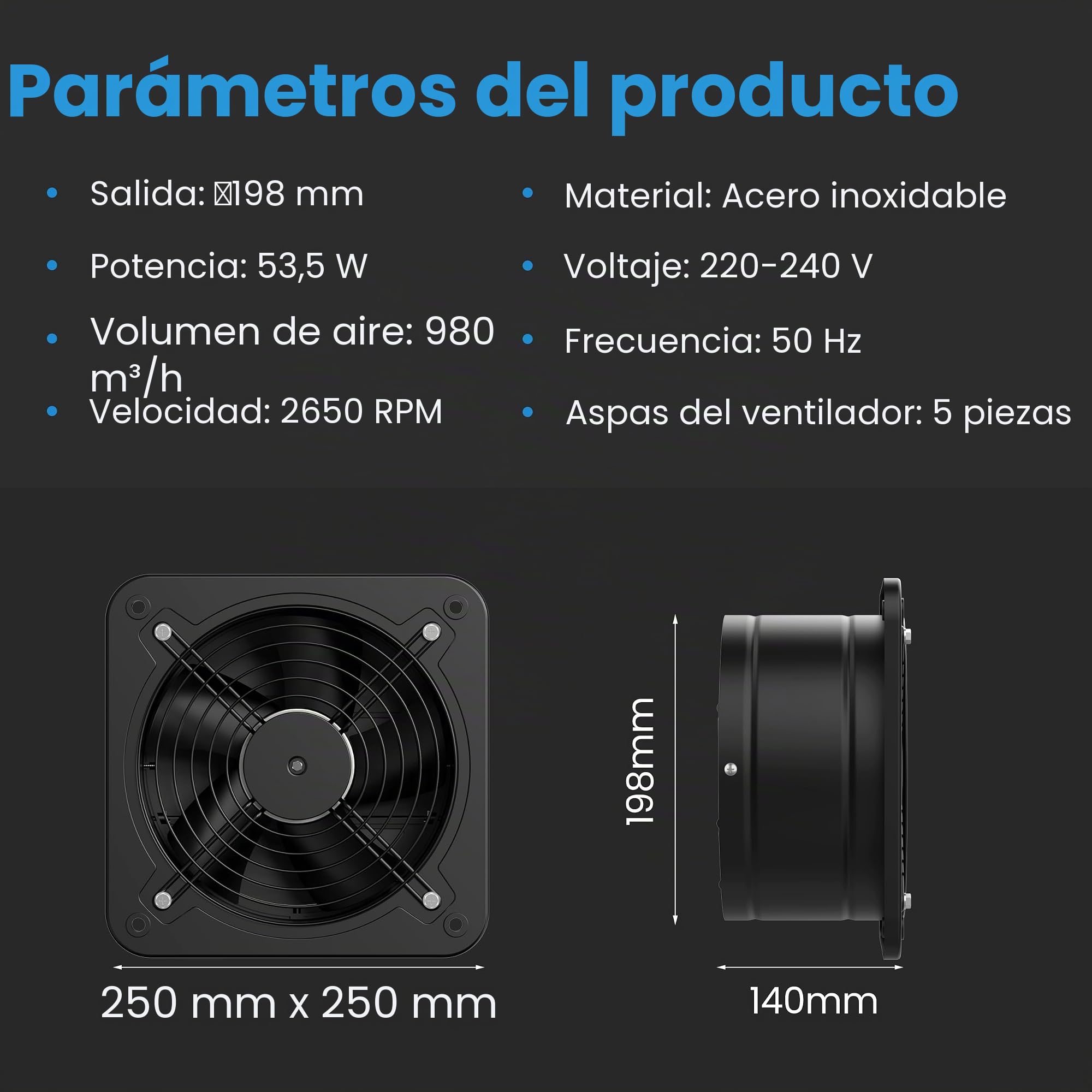 Ventilador extractor industrial 200 mm con regulador de velocidad, metal, silencioso, válvula de retorno, enchufe UE para garaje, cocina, ático, ventana