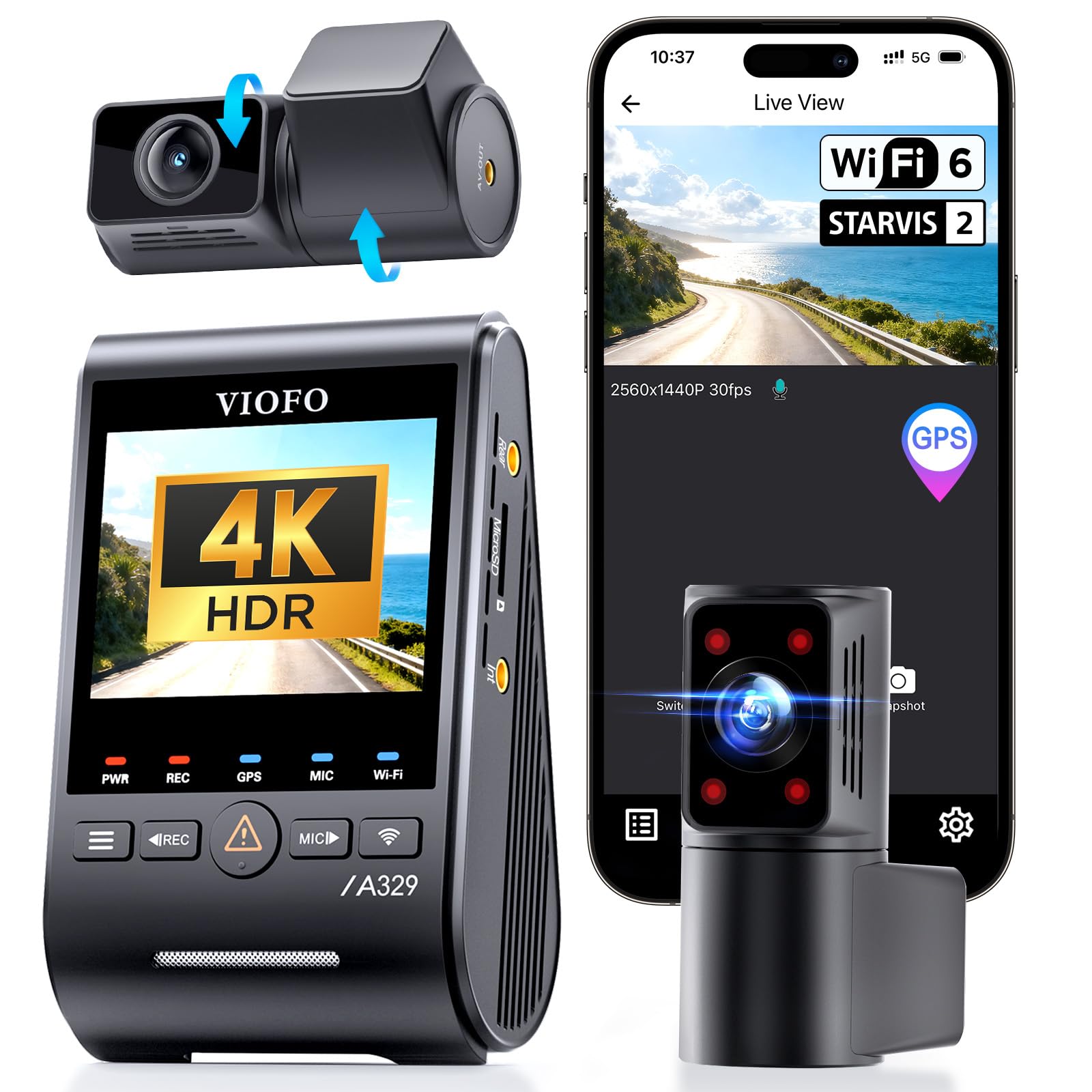 VIOFO A329S 3CH 4K Dashcam vorne hinten, 4K + 2K + 2K Dashcam Auto 3 Lens, Energiespar-Parkmodus, 210°Ultraweitwinkel Innenkamera, Wi-Fi 6 u. App Steuerung, Drei STARVIS 2 Autokamera, optional 4TB SSD