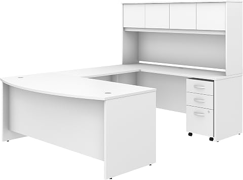 Studio C 72W x 36D U Shaped Desk with Hutch and Mobile File Cabinet in White