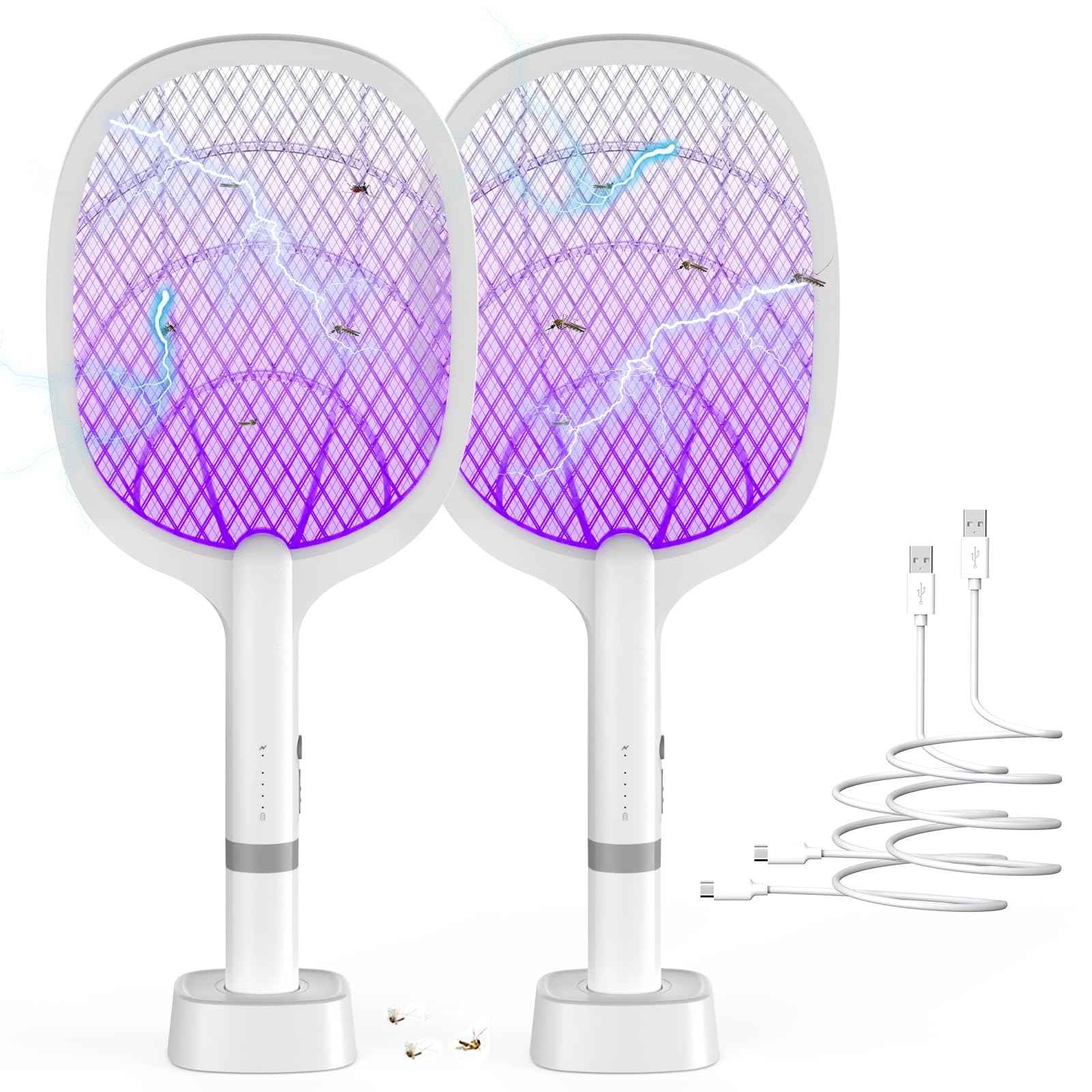 Elektrische Fliegenklatsche 5000V, 2 in 1 USB Typ-C Elektrische Mückenklatsche mit Akku Wiederaufladbar & UV-Lichtfalle für Mücken, Fliegen, Wespen, Motten 2 Pack
