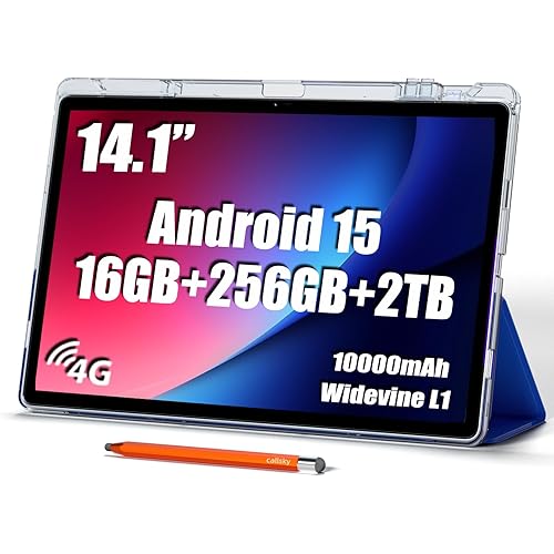 14 inch Large Screen Tablet, Android 15 Tablet 16GB RAM 256GB ROM, 1920 * 1200 IPS FHD Display, Widevine L1, 10000mAh 18W Charging, Wi-Fi & Bluetooth, 4G LTE, with Stand Case & Stylus