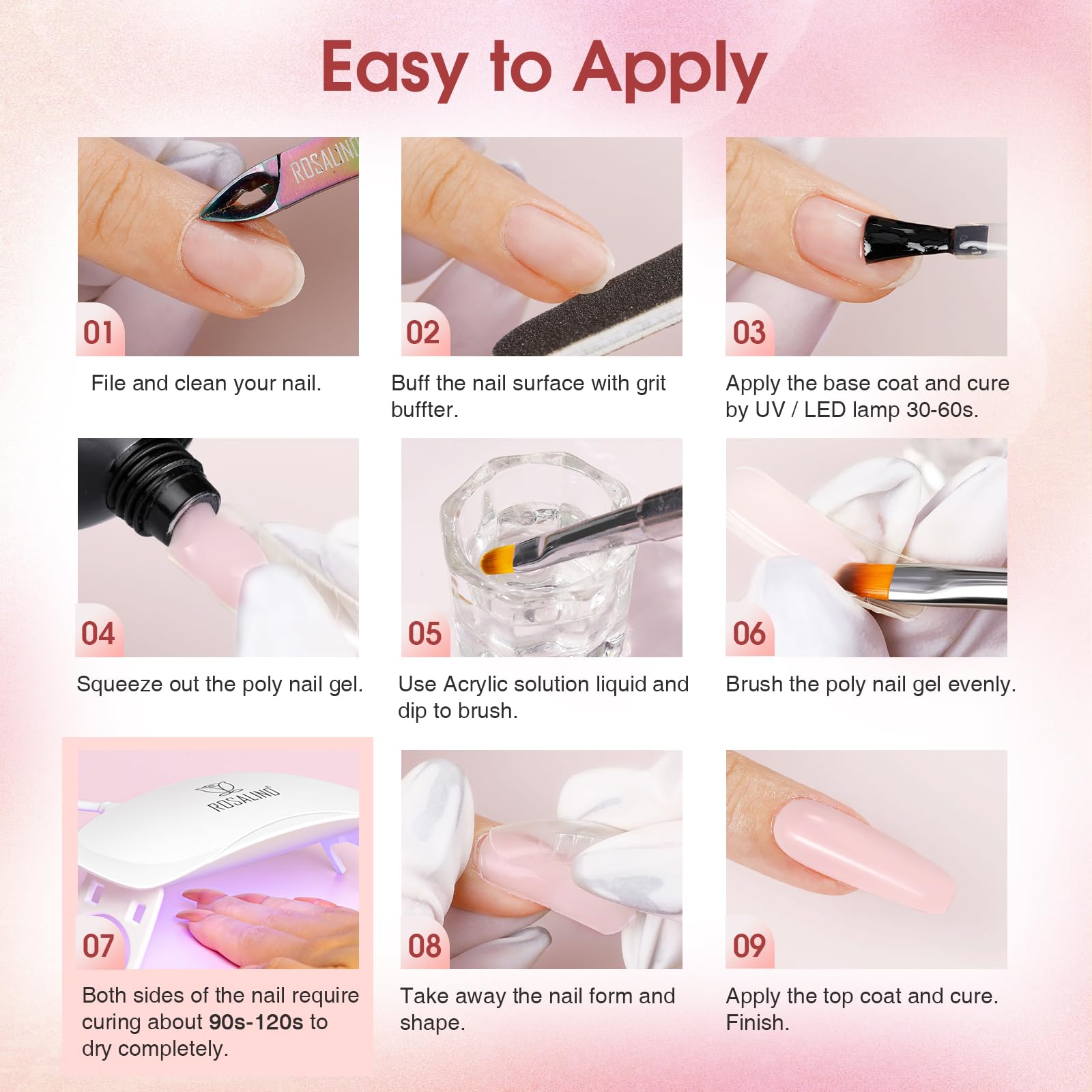ROSALIND Poly Nail Gel Kit -20PCS White Clear Poly Nails Gel Kit Starter Kit With Slip Solution Pro Nude Pink Nail Extensions Gel Set With Mini UV Lamp Drill Nail Art Nail Art Builder Kit