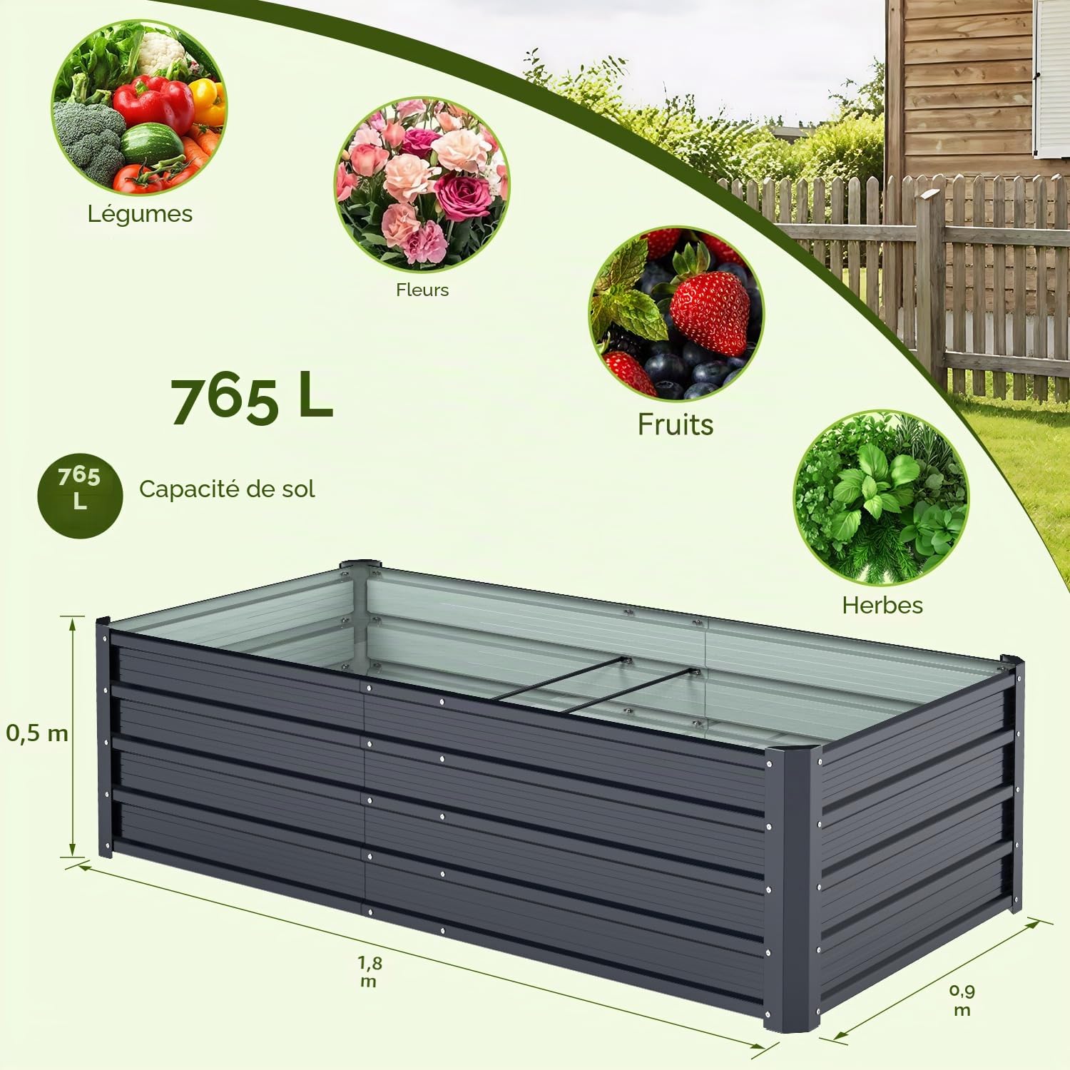 Ohuhu Jardinière surélevée en métal pour l'extérieur, 1,8 x 0,9 x 5,6 m, bac de plantation en acier galvanisé renforcé antirouille, 100 % non toxique, grande capacité de 7,5 m, pour cultiver des