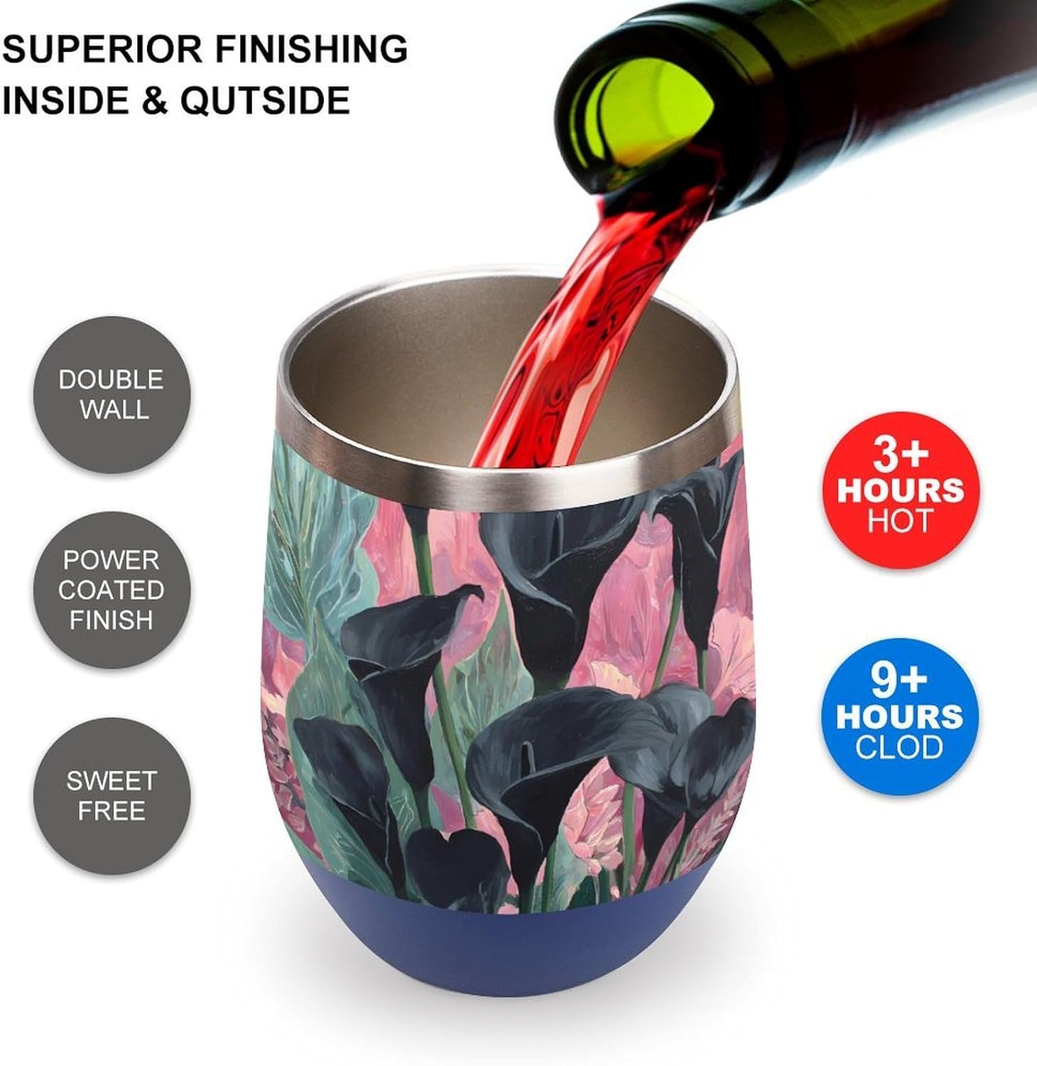 Calla Lilies Flowers Monstera Leave Insulated Drinking Cup Stainless Steel Coffee Mug Wine Tumbler with Lid 12OZ