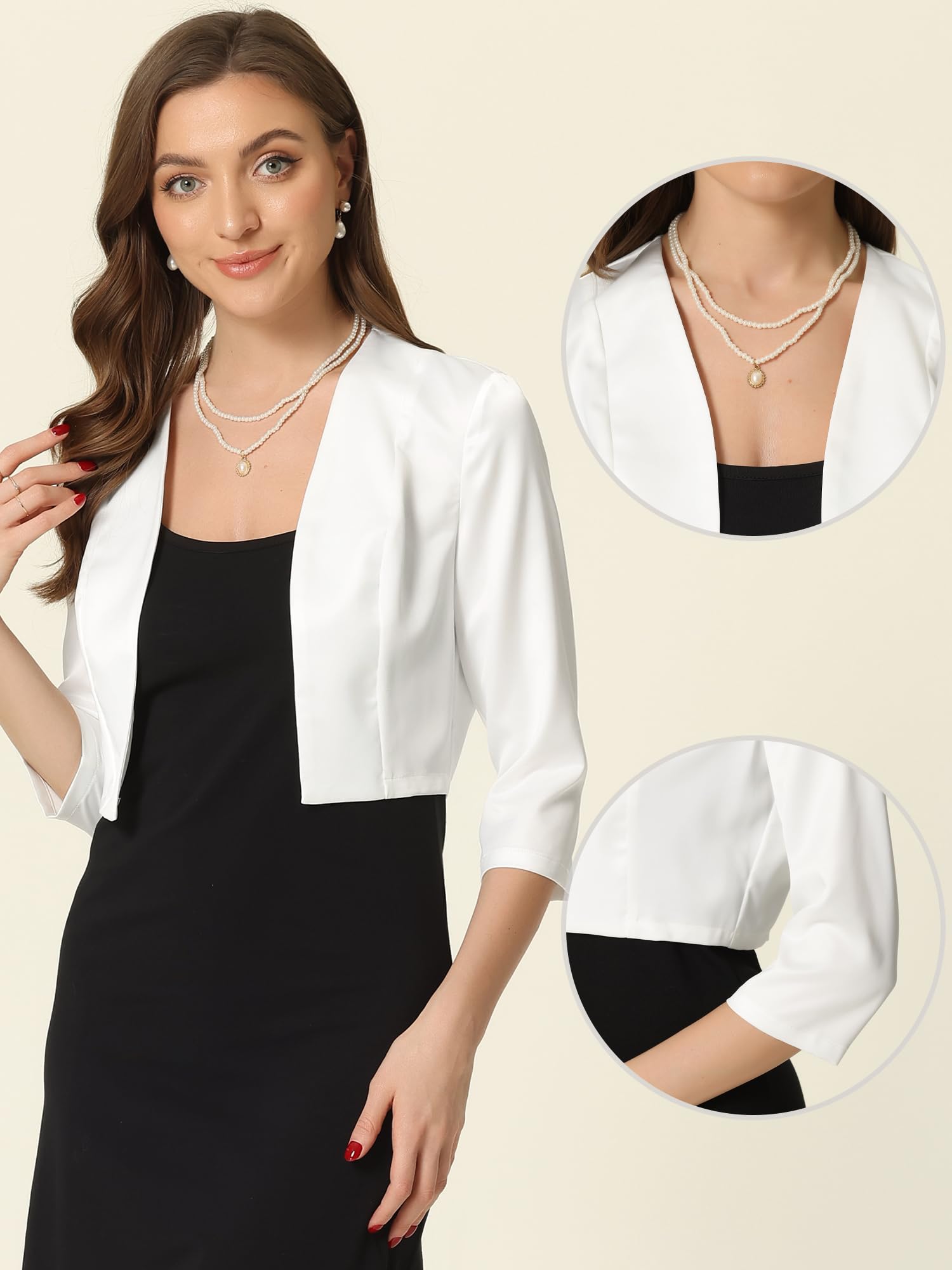 Allegra K Boléro en Satin Femme Élégante pour Mariage à Manches 3/4 Devant Ouvert Veste Courte Chic de Cérémonie